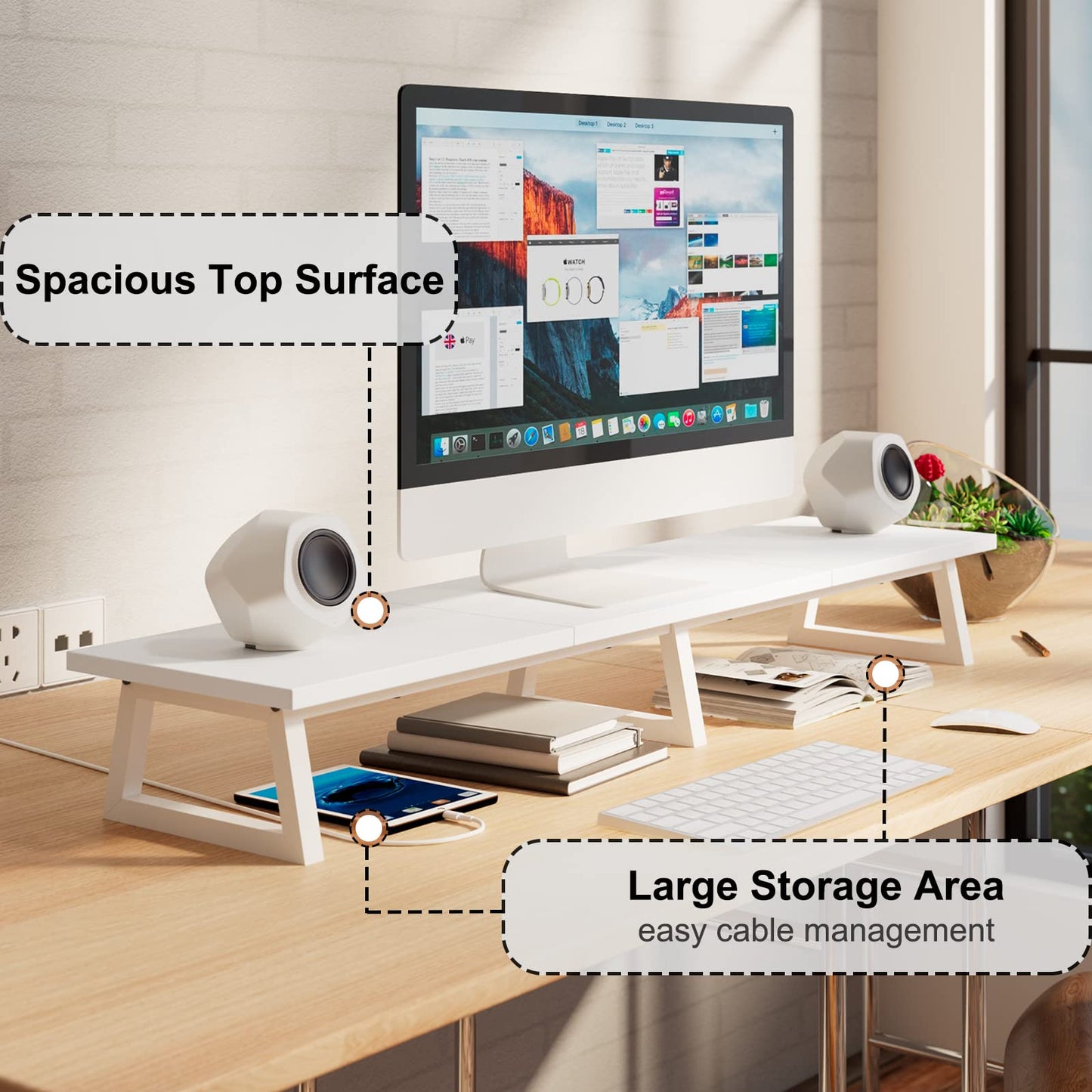 TEAMIX 42 inch White Monitor Riser for 2 Monitors, Wood Desktop Dual Stand with Metal Legs, Long Screen/PC/Laptop Storage,Computer Shelf TV Holder Home Office