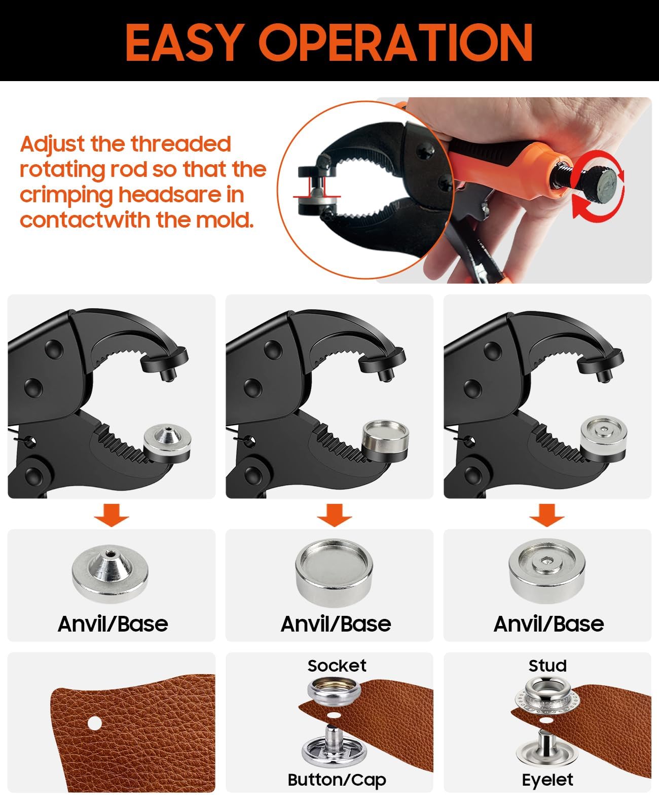 Heavy Duty Snap Fastener Tool Adjustable Snap Setter Tool Includes 100 Sets 15mm Snaps for Boat Cover, Replacing Metal Snaps, Repairing Boat Covers, Canvas, Sewing, Tarps