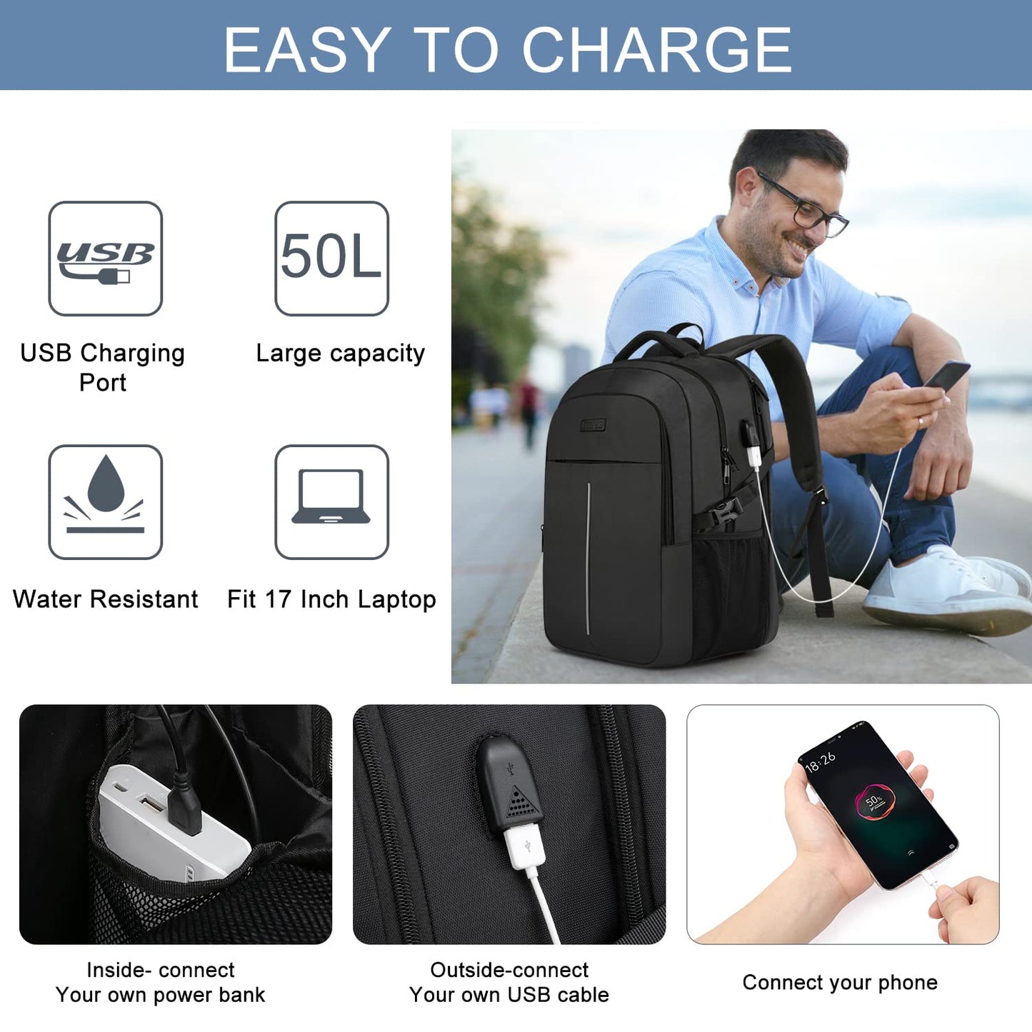 Extra Large 50L Travel Laptop Backpack for Men Women,Water Resistant 17 inch Laptop Backpack Work Bag with USB Charging Port,Big Capacity Heavy Duty TSA Approved Business College Computer Bag,Black