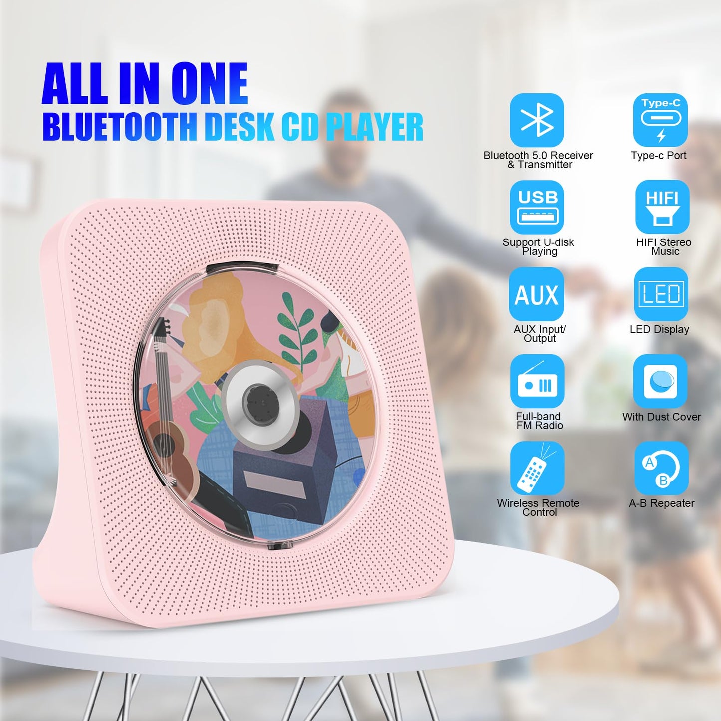 Gueray Portable CD Player with Bluetooth 5.0, CD Player for Desktop with HiFi Sound Speaker, CD Kpop Music Player with Remote Control, Dust Cover, FM Radio, LED Screen Support AUX/USB Headphone Jack