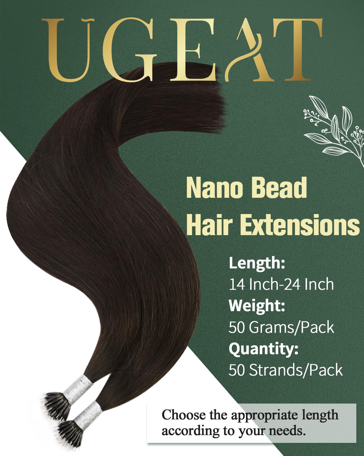 Ugeat Brown Nano Beads Hair Extensions for Women 14 inch Short Cold Fusion Nano Hair Extensions Human Hair Darkest Brown for Short Add Volume 50G 50S