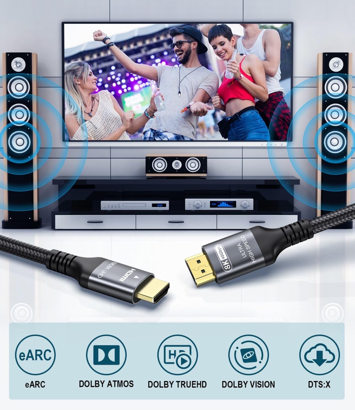 Certified 8K HDMI 2.1 Cable 7m, 48Gbps Ultra High Speed HDMI Cable 4K 144Hz 120Hz 8K 60Hz Support eARC DTS:X Dolby Atmos Dynamic HDR10 HDCP 2.3 Compatible MacBook Pro 2021 Gaming PC OLED TV Roku