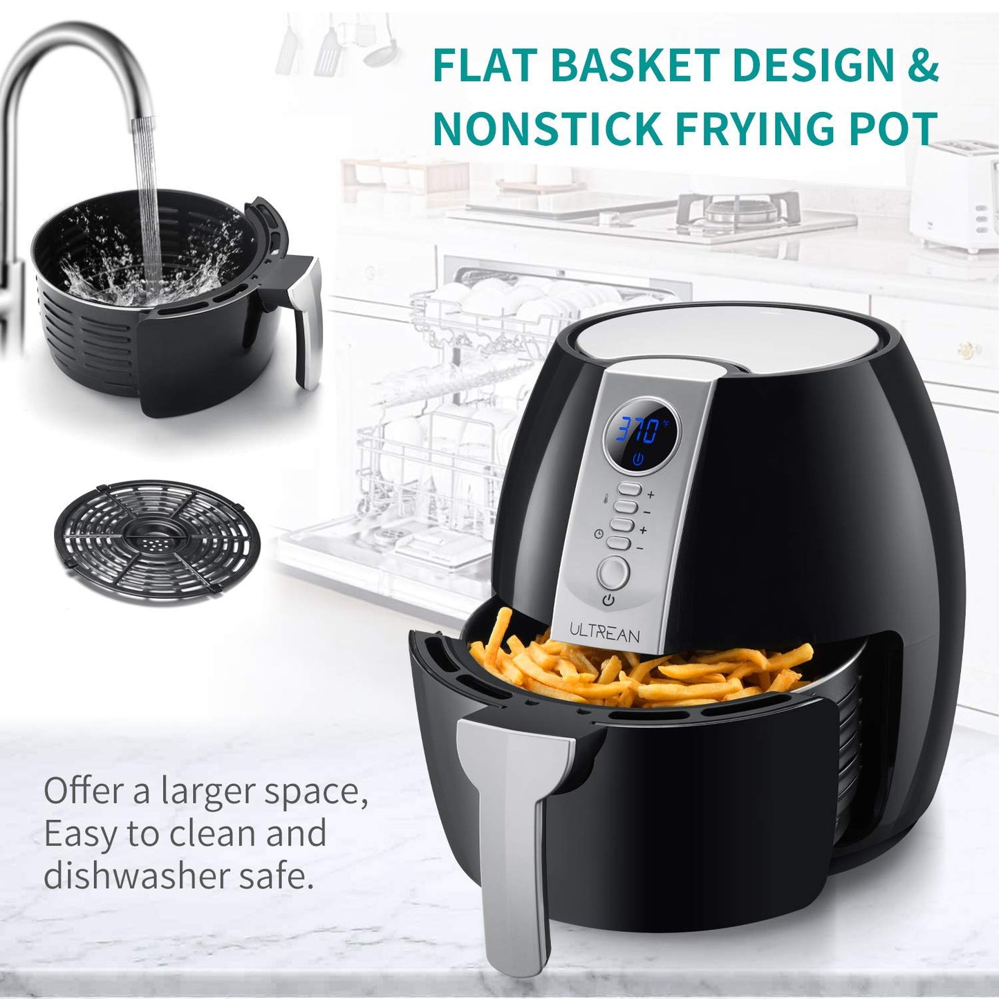 Ultrean Air Fryer, 4.2 Quart (4 Liter) Electric Hot Air Fryers Oven Oilless Cooker with LCD Digital Screen and Nonstick Frying Pot, UL Certified,1-Year Warranty,1500W (Black)