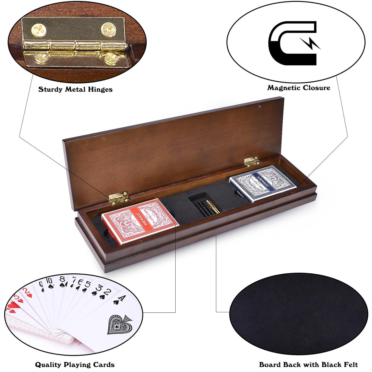 AMEROUS Wooden Cribbage Board Game Set with Magnetic Lock - Metal Pegs - 2 Playing Cards - Continuous 3 Track Board - Larger Storage Area - Instructions, Travel Portable Cribbage Game Sets for Family
