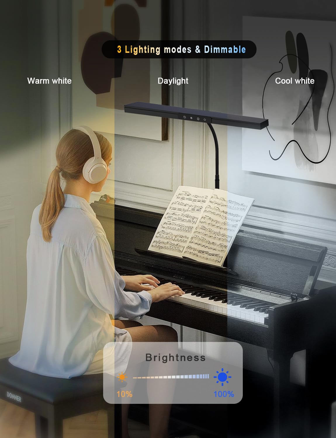 ANINO Piano Light for Upright Piano,88 Keys Full Keyboard Illumination,Gooseneck Adjustable Height&Direction,3 Light Modes Dimmable, Timer Eye Care LED Piano Lamp Music Stand Light