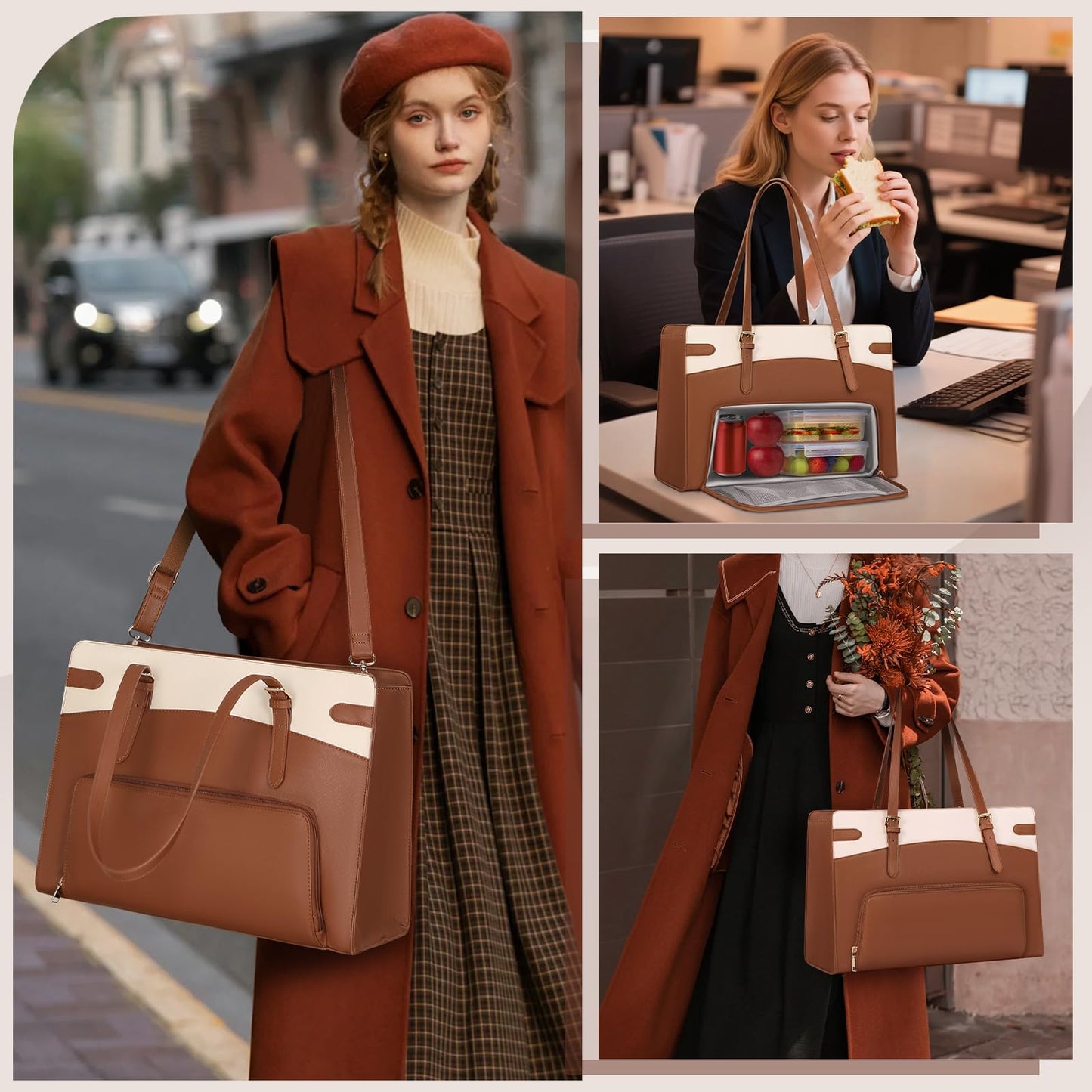 RAINSMORE Laptop Bags for Women with Lunch Compartment,Large Work Bag Women 15.6 inch Laptop Tote Bags for Women PU Leather Laptop Purse,Brown