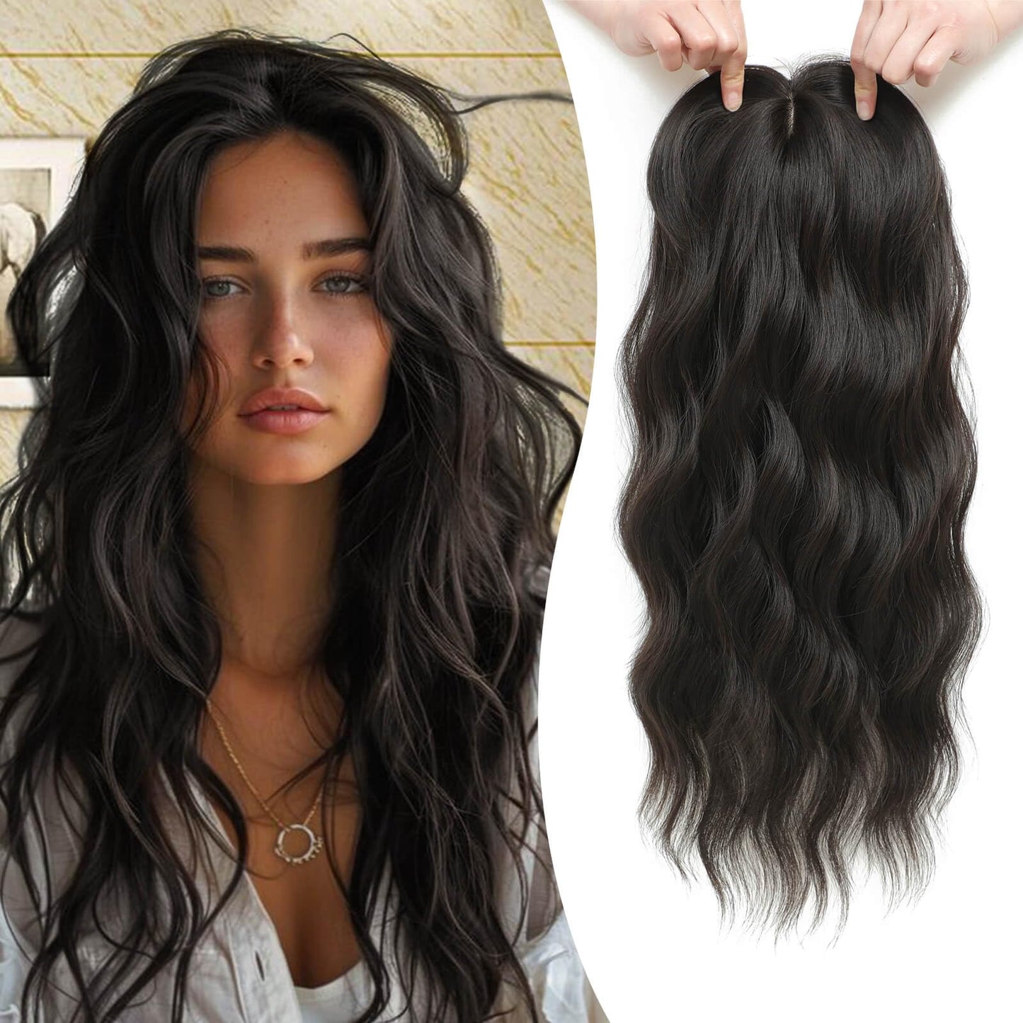 MORICHY 20 Inch Black Brown Long Curly Wavy Synthetic Hair Topper for Women with Bangs Clip in Hair Clip for Women