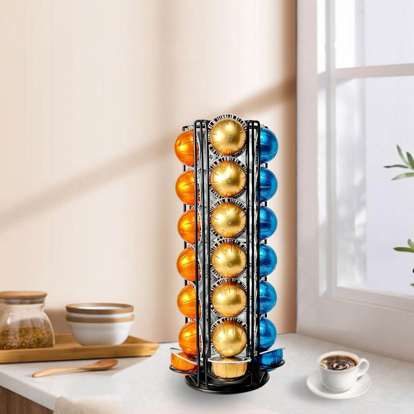 Worbic Coffee Pod Holder Organizer for Nespresso VertuoLine, Black Metal Coffee Pod Capsule Holder Stand Rotating Carousel,Holds 35 Capsules