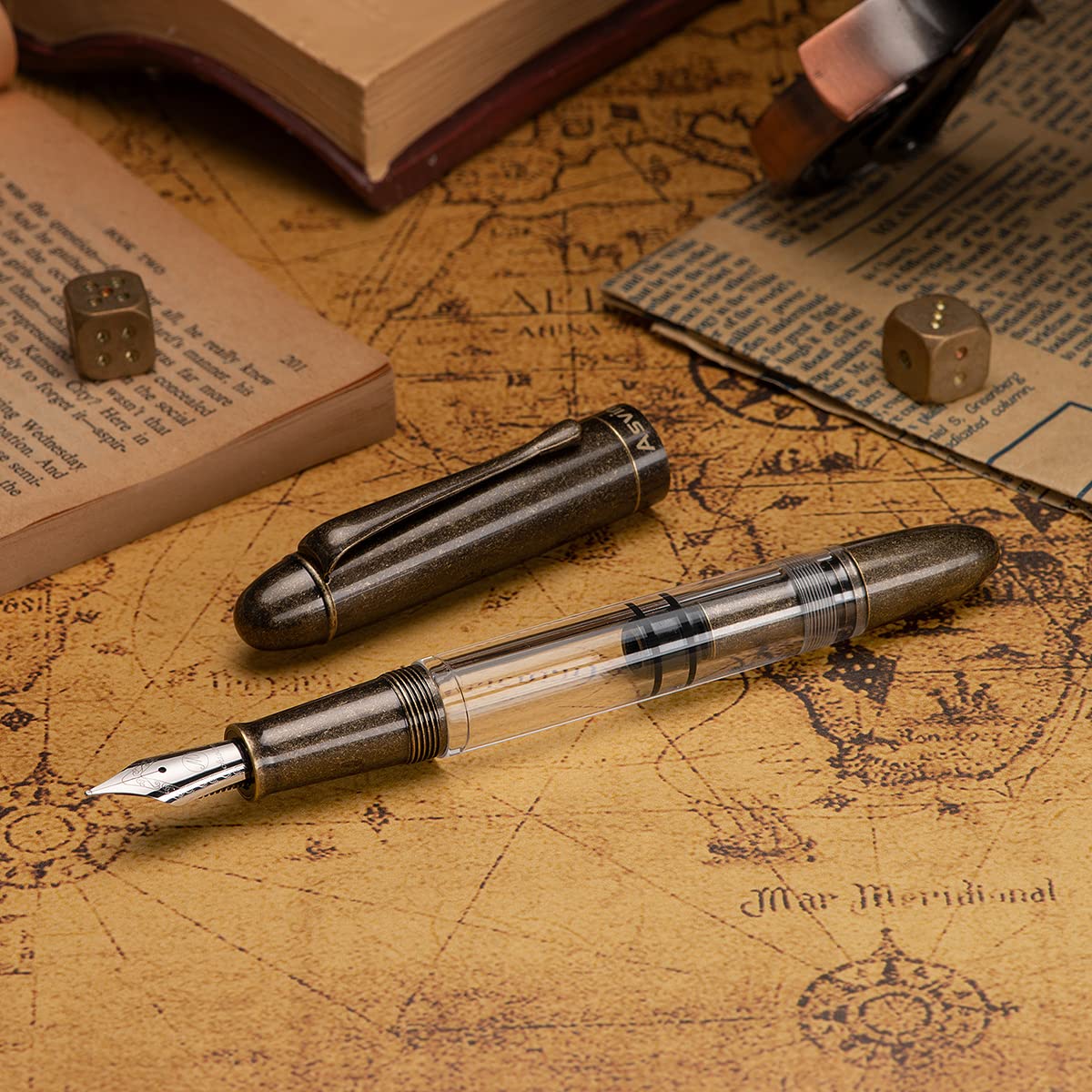 Asvine P30 Piston Fountain Pen Medium Nib, Retro Brass Style, Transparent Acrylic Large Ink Capacity Writing Gift Box