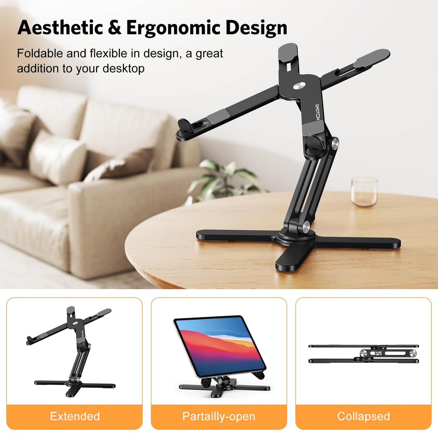 OMOTON Foldable 360 Rotating Laptop Stand for Desk, Adjustable Computer Stand Riser for Collaborative Work, Easy Storage Aluminum Holder Fit for All Laptops up to 16 inches (Black)