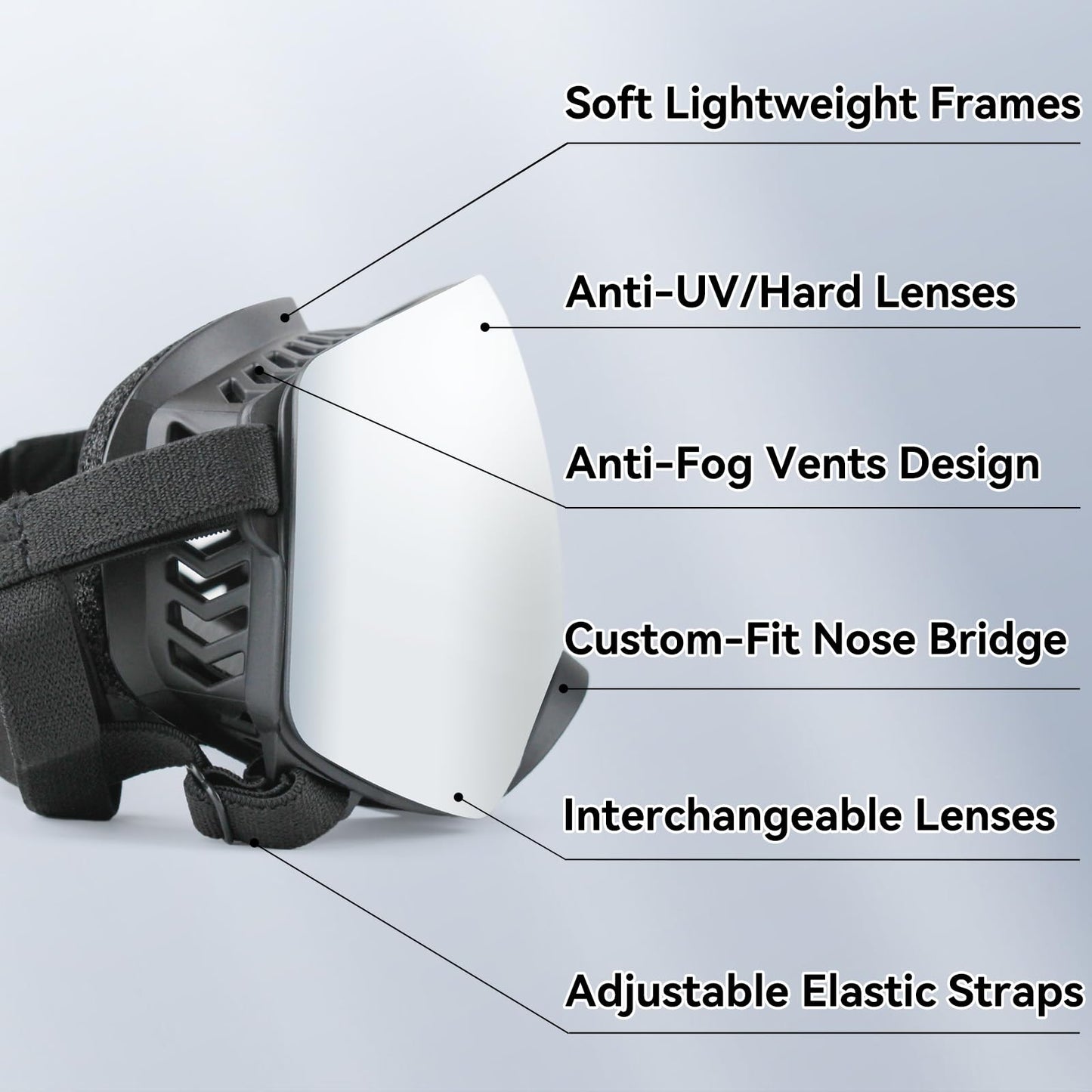 NAMSAN Dog Goggles for Large Dogs, Black/Silver Lenses Replaceable, Anti-UV Sunglasses for Dogs Medium to Large Breeds, Driving Dog Eye Protection, Windproof Dustproof, Adjustable, Black