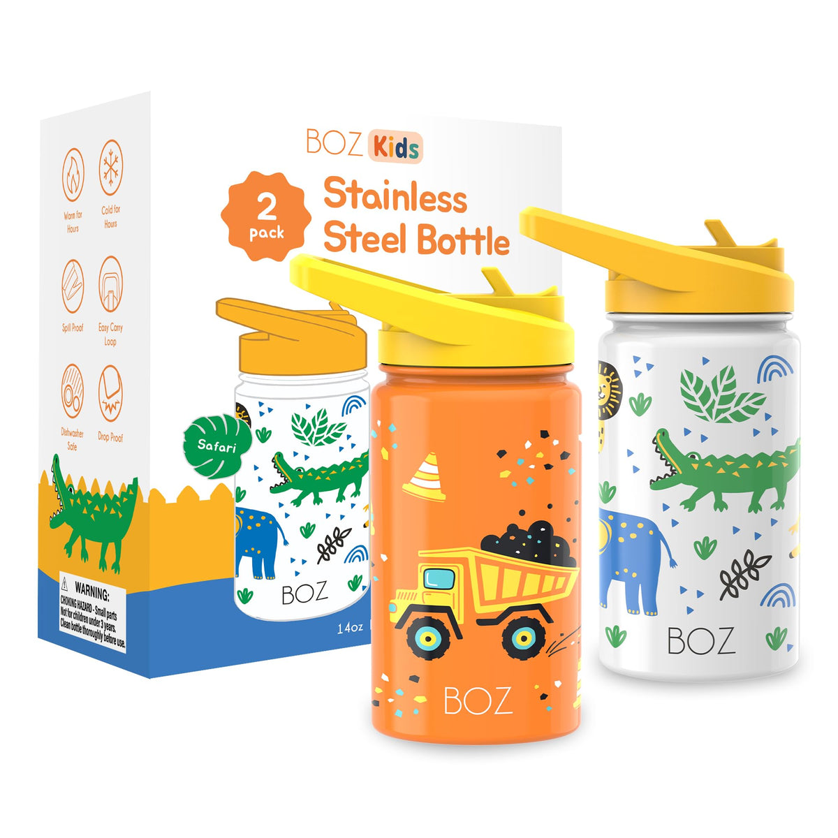 BOZ Kids Insulated Water Bottle with Straw Lid - Two-Pack Bundle, Construction/Safari, Stainless Steel Vacuum Double Wall Water Cup, 14 oz (414ml). Scratch-Resistant and Carry Handle, Dishwasher-Safe