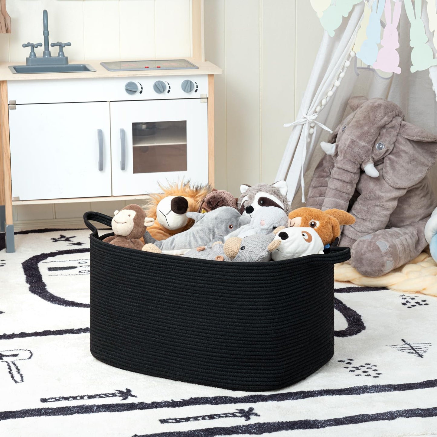 Goodpick Large Laundry Basket, Blanket Basket Living Room, Storage Baskets for Toys, Towels, Rectangle Rope Toy Storage Baskets for Baby, Kids, 21.6" x 14.9" x 11.8", Black