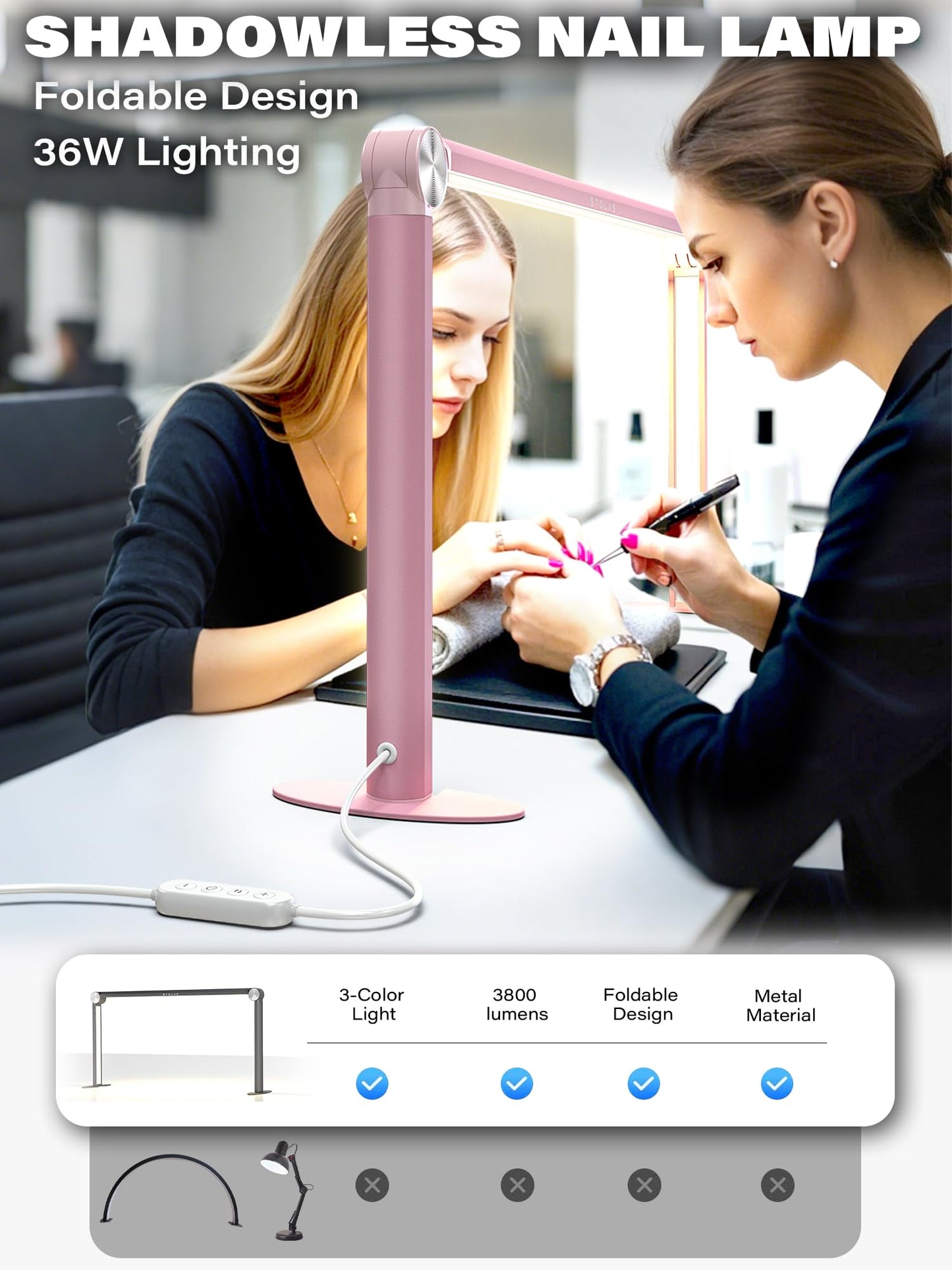 STOLAS Nail Lamp for Desk with Phone Holder, 14 inch Height 3 Modes 3000K-6000K Dimmable LED Light, Desk Lamp for Nail Tech (Pink)