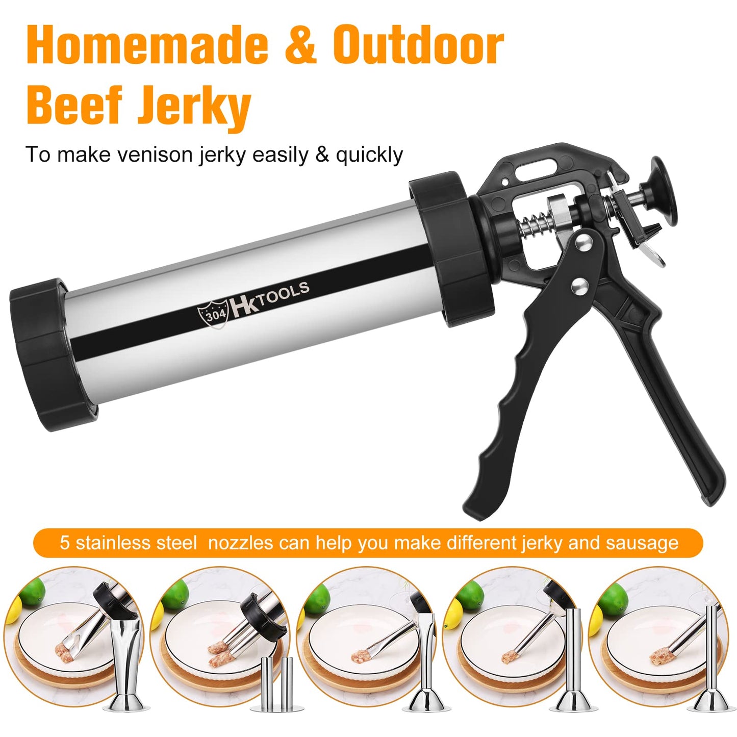 HK Jerky Gun Kits, Jerky Maker Gun, Beef Jerky Gun, 2 Pound Stainless Steel Sausage Jerky Making Gun with 5 Stainless Nozzles, 2 Cleaning Brushes, 1 Stomper, Black