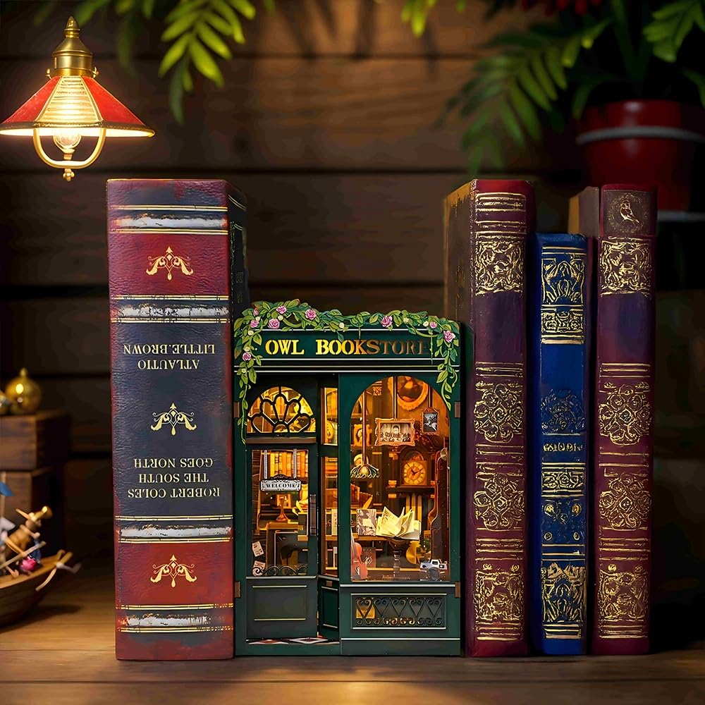 Cutefun Book Nook Kit, DIY Miniature House Kit for Bookshelf Decor, Book Nook Kits for Adults & Beginners, 3D Wooden Puzzle Dollhouse, Ideal Gift for Family and Friends - Owl Bookstore