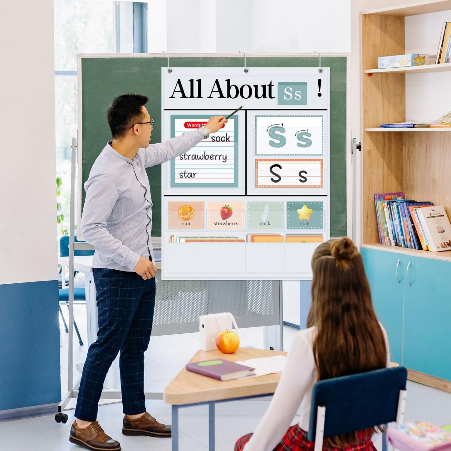 BOHEMIABY All About Letters Pocket Chart with 99 ABC Flash Cards, Letter of The Day/Week Daypocket Chart, Letter Tracing Learning Educational Wall Chart Preschool Classroom Homes, 34" X 27"White
