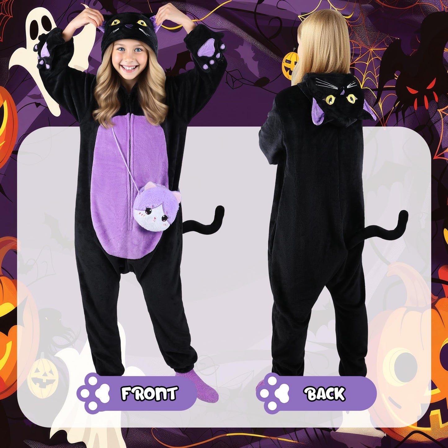 Black Cat Costume for Girls, Kids Hooded Cat Noir Onesie with Purse Bag, Girls Halloween Costumes for Kids Age 5-10