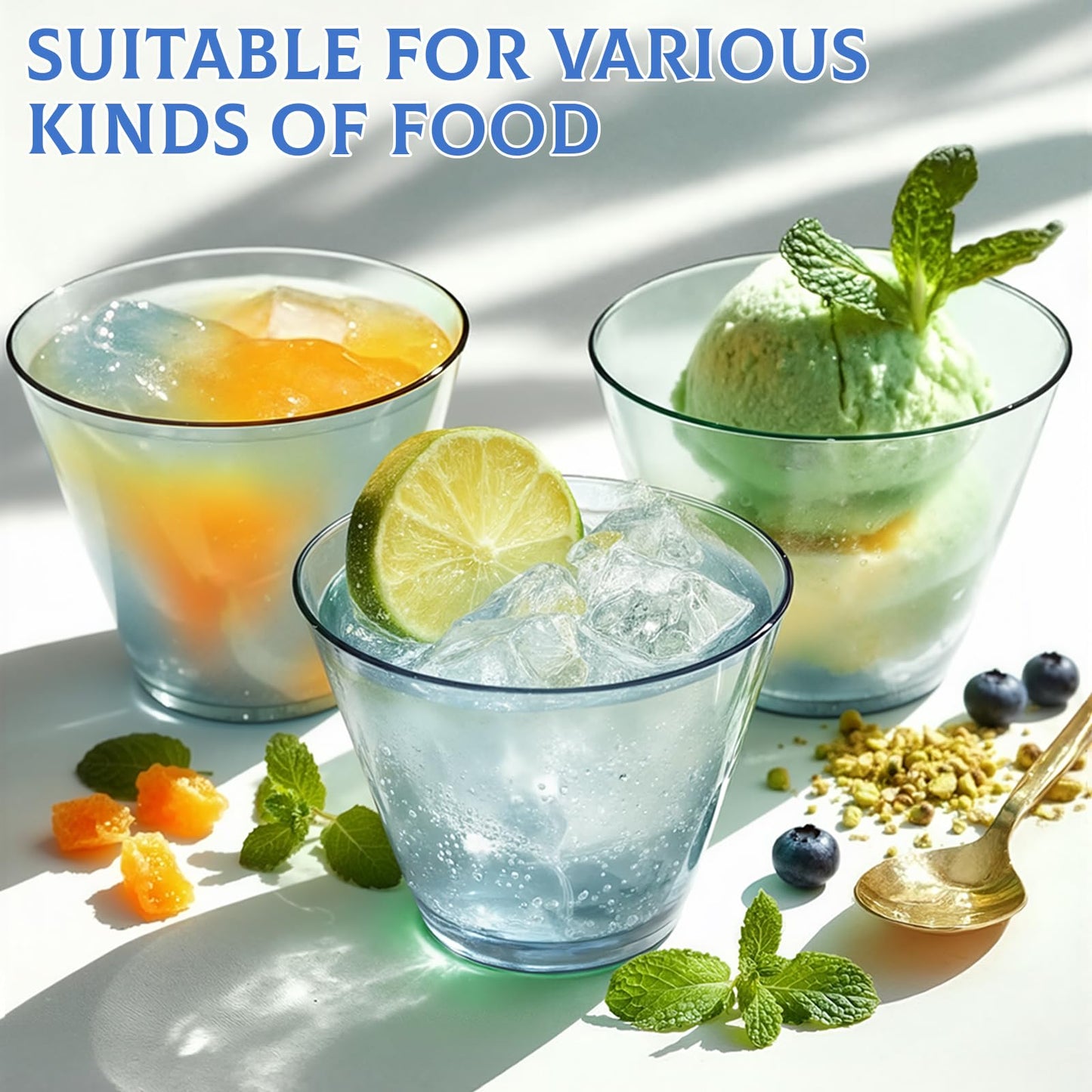 Glowserve 9 oz Clear Plastic Disposable Cups 150 PCS Blue Drinking Glasses for Cold Water Sturdy Plastic Tumblers for Cocktails Cups Bulk for Wedding Thanksgiving Christmas Party