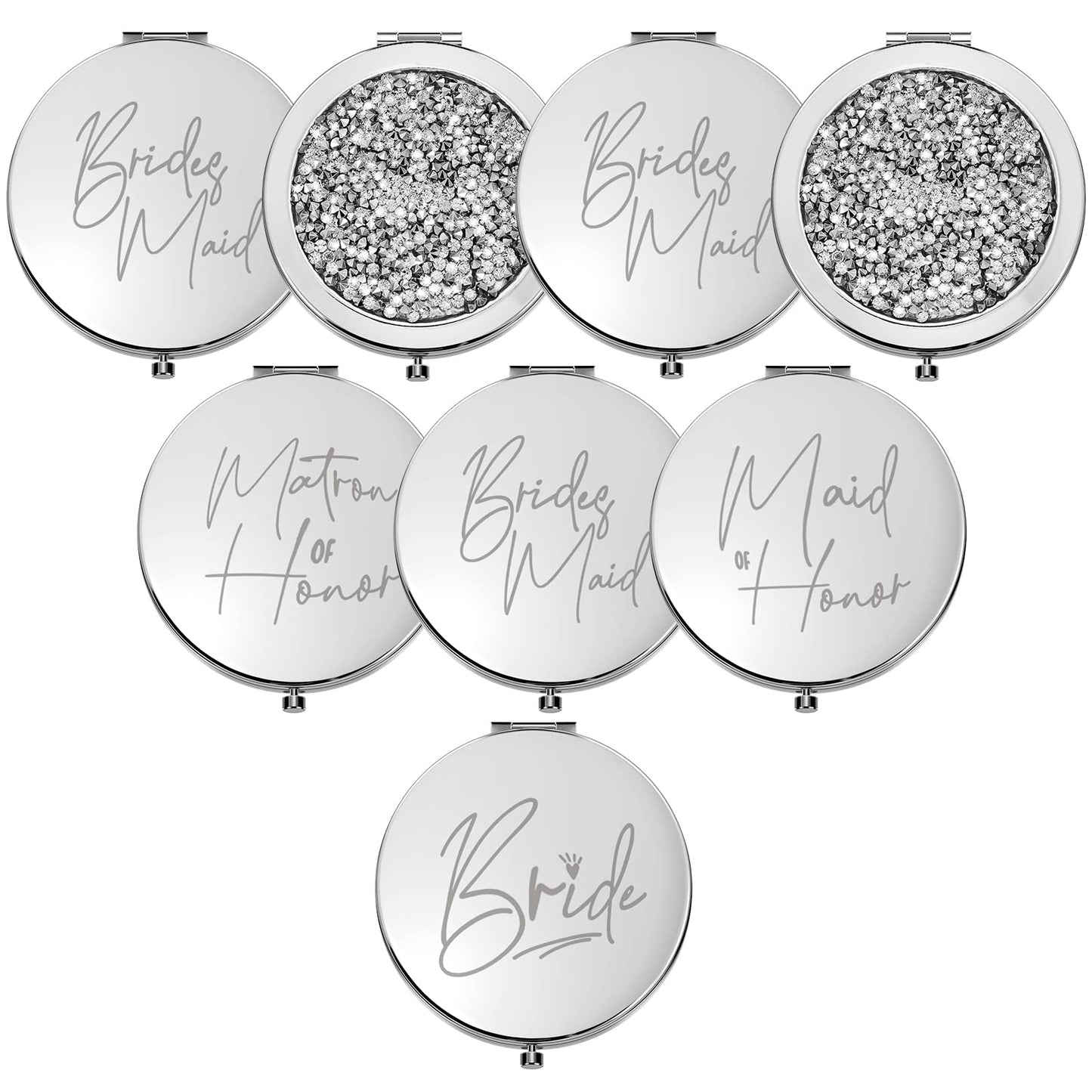 Roowest 8 Pcs Bridesmaid Proposal Gifts Set Bridesmaid Compact Mirrors Magnifying Makeup Double Sided for Purse Pocket for Women Wedding Bridal Shower Gifts Party Favors(Silver, White)