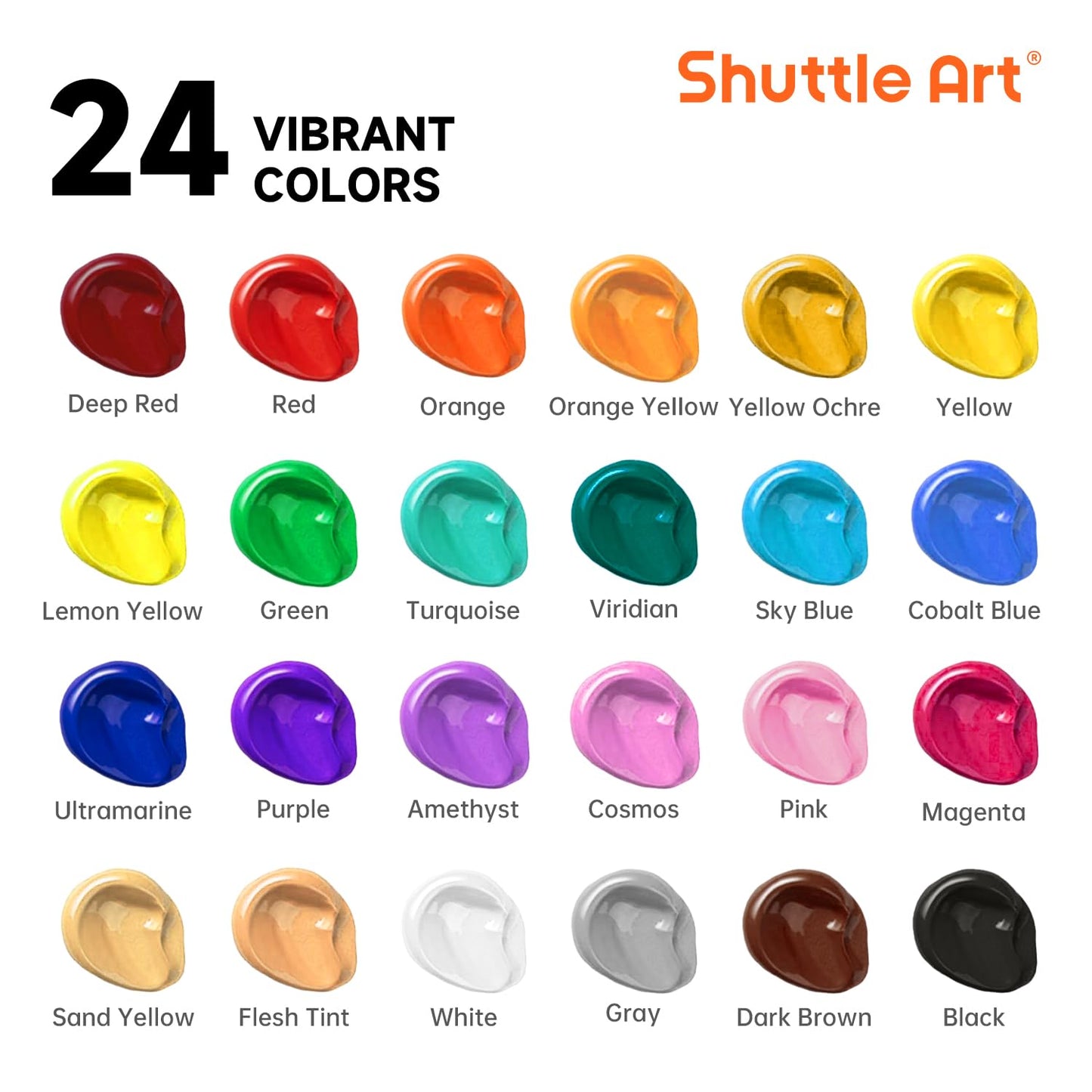 Shuttle Art Acrylic Paint, 24 Colors Acrylic Paint Bottle Set, 250ml/8.45oz Each, Rich Pigments, High Viscosity, Bulk Paint for Artists, Beginners and Kids Painting on Rocks Crafts Canvas Wood Ceramic