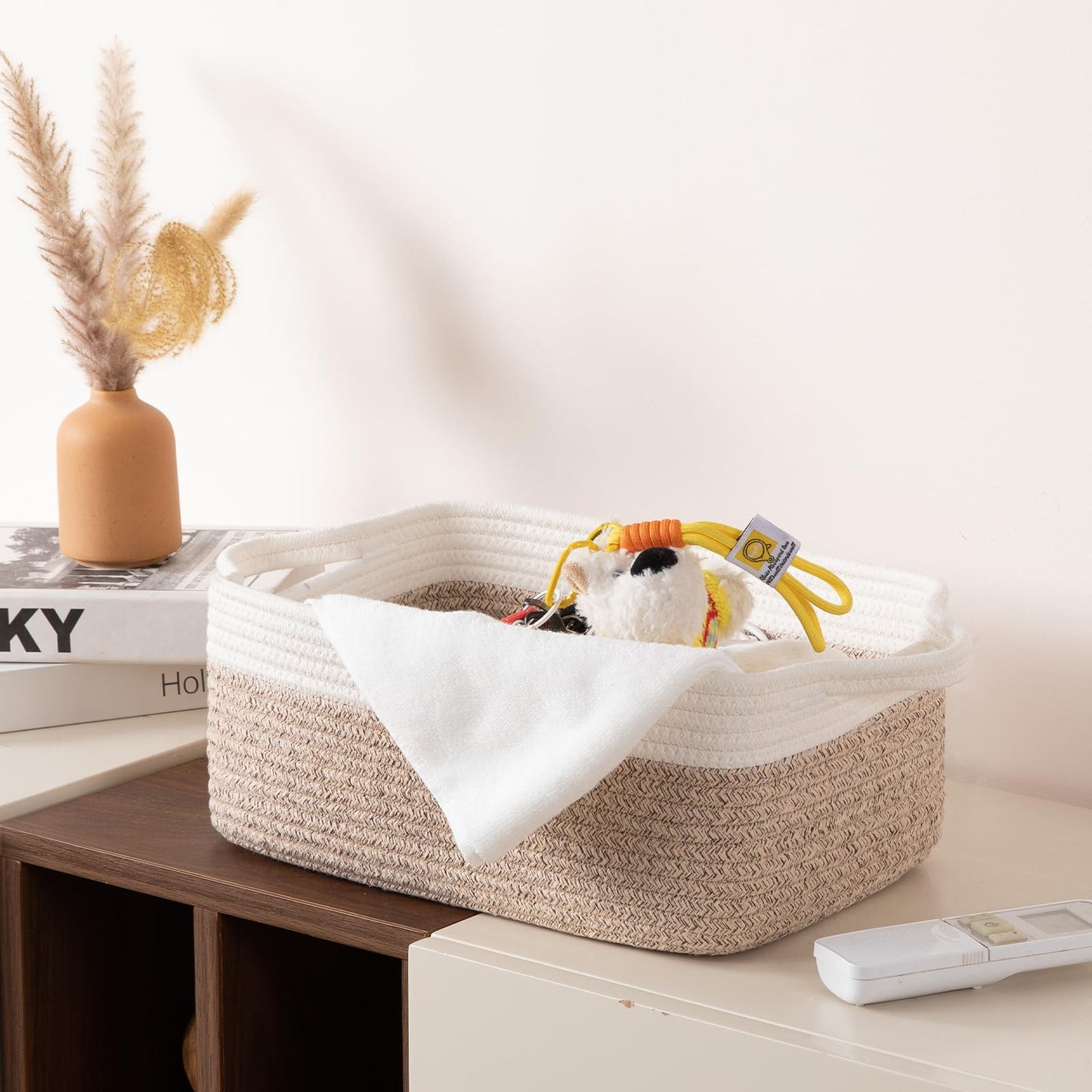 OIAHOMY 3 Pack Storage Baskets for Organizing, Cotton Rope Basket for Shelves, Closet Organizer Bins, Rectangle Small Baskets with Handles, Toy Basket, 13.78''×9.84''×5.5'', Brown & White