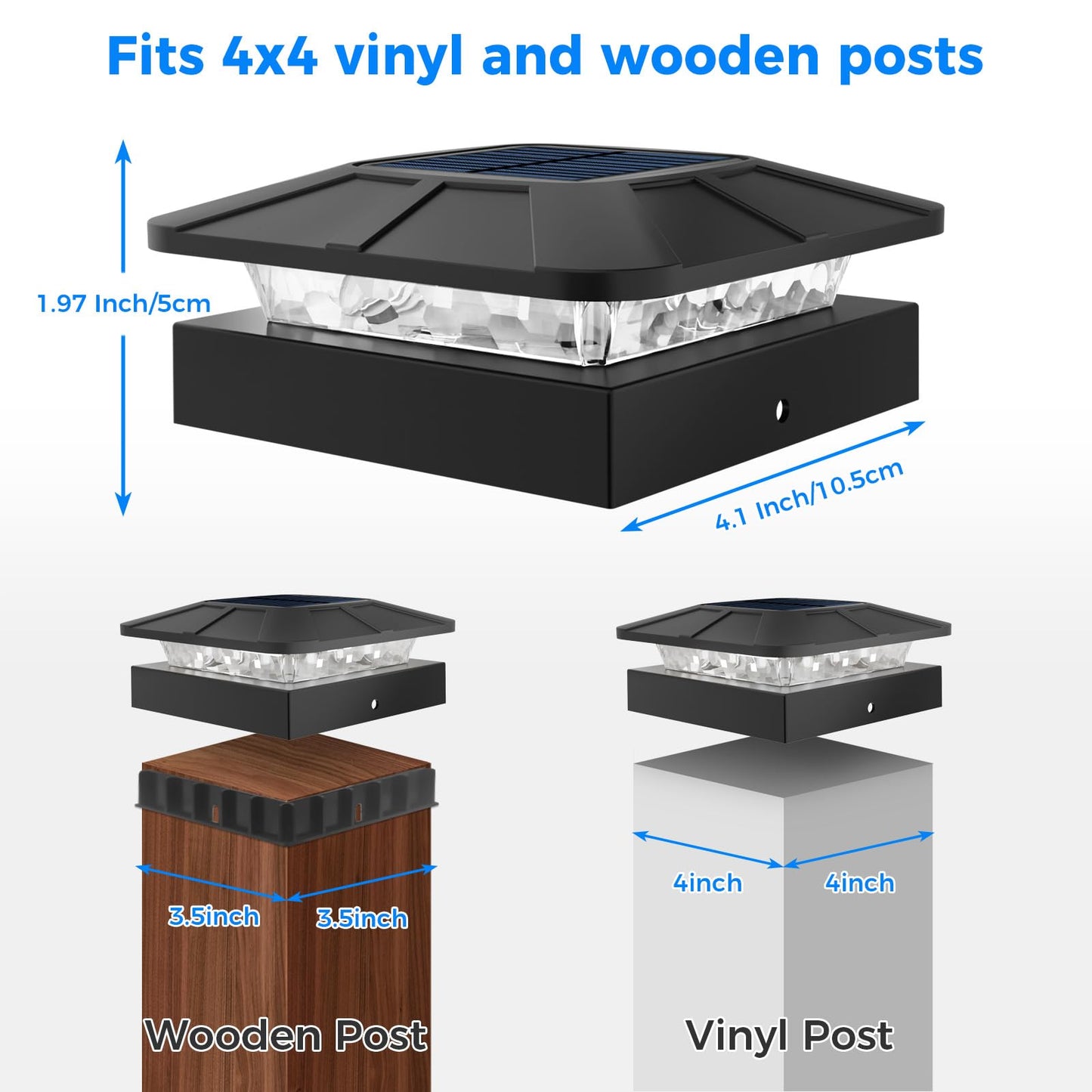 peasur 4x4 Solar Post Caps Lights, 3 Modes Fence Post Solar Lights for Outdoor Vinyl Wooden Posts, Waterproof Deck Post Solar Lights for Garden Porch, Black 4 Pack