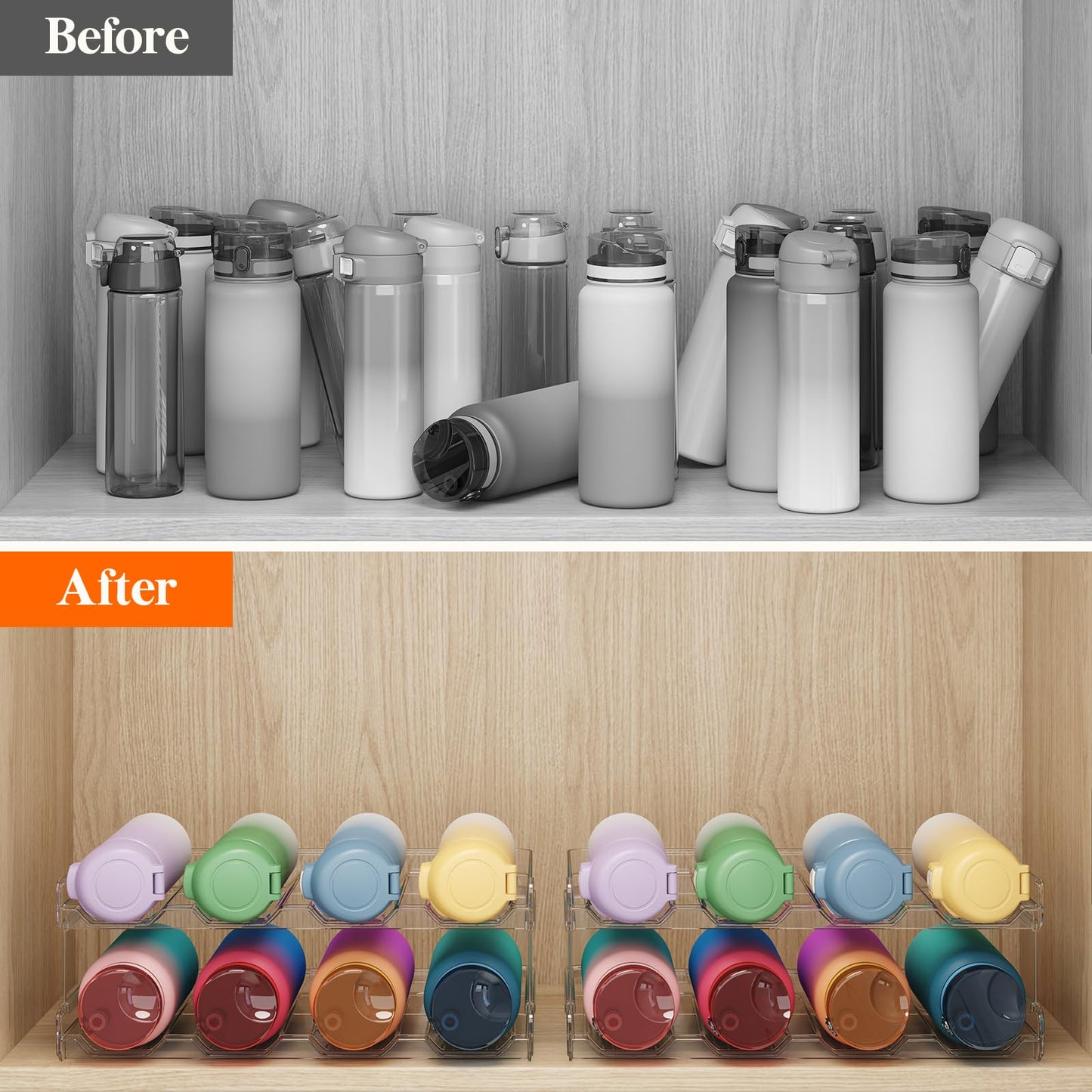 Lifewit Stackable Water Bottle Organizer for Cabinet, Fridge, Pantry - Plastic Cup Holder, Wine Racks for Kitchen Tabletop Storage, Cupboard, Office - Pack of 4, Each Rack Holds 4 Containers