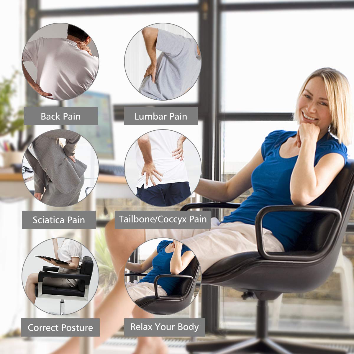 Lumbar Support Pillow, Aukee Leather Memory Foam Lower Back Cushion for Home Office Chair Car Seat - Black (1 Pack)