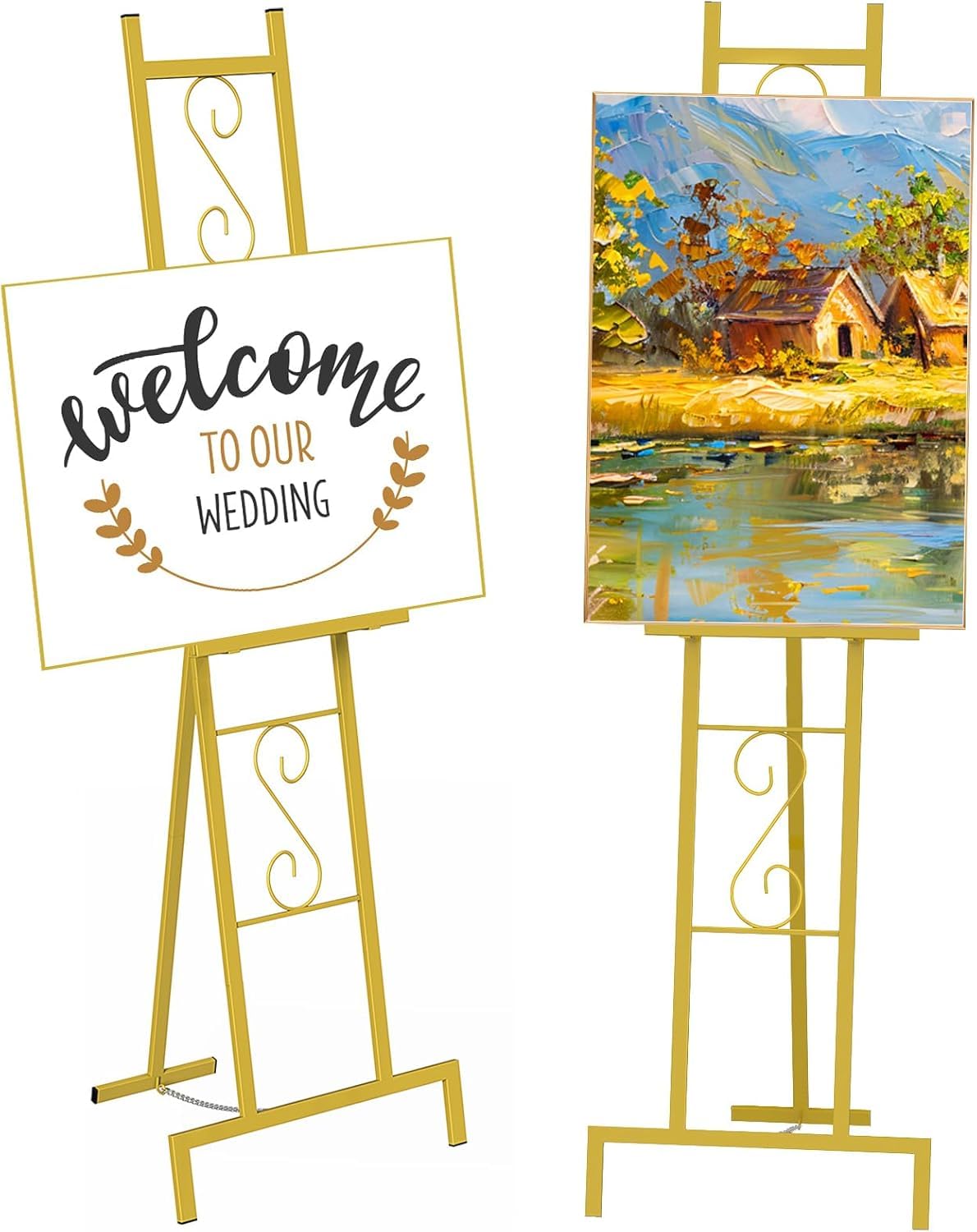 2 Pack Gold Easel Stand for Sign, Adjustable Metal Easels with Chain Support, Welcome Sign Stand for Painting, Display, Poster Picture, Wedding Sign (17" x 17" x 58")