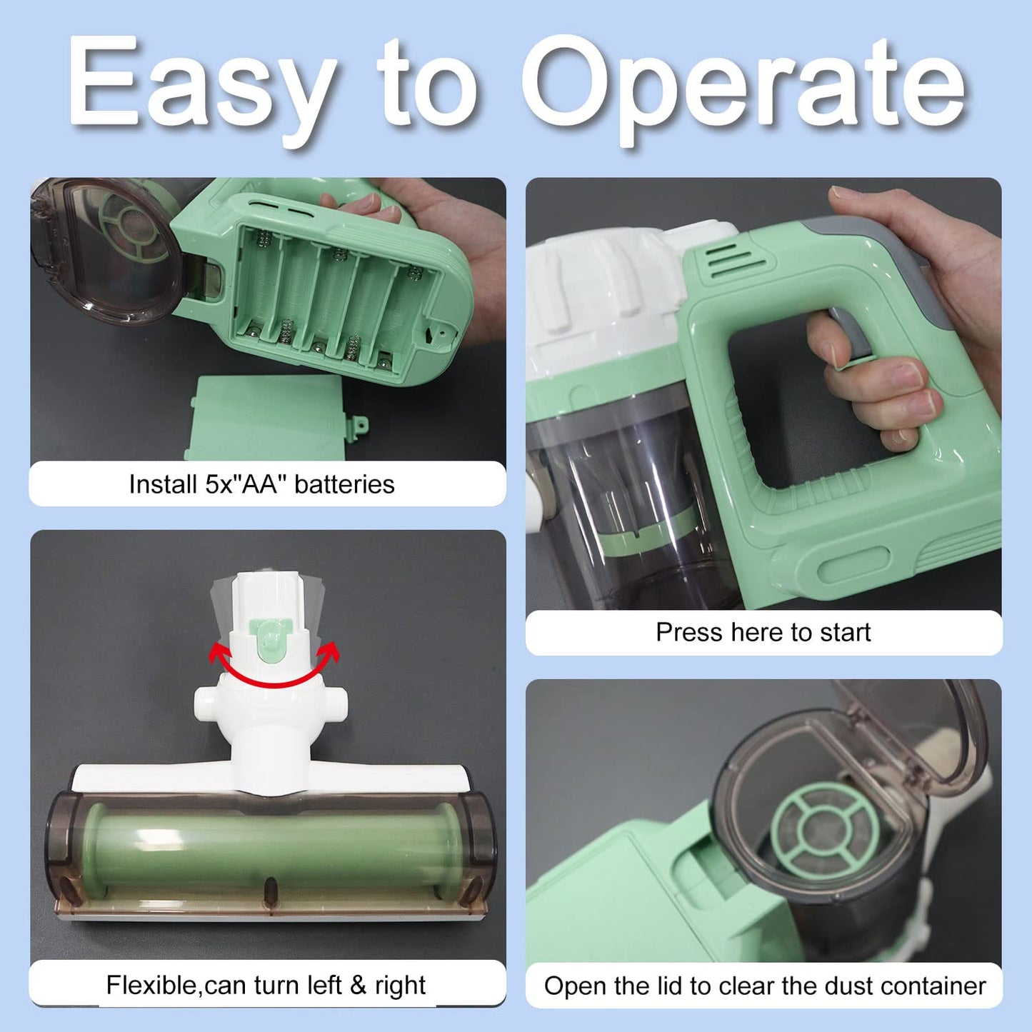 BAYMI 3-in-1 Kids Vacuum Cleaner That Works - Toddler Vacuum Cleaning Toy Set for Children Aged 3+, Kids Working Play Vacuum with Real Suction for Realistic Play (Green)