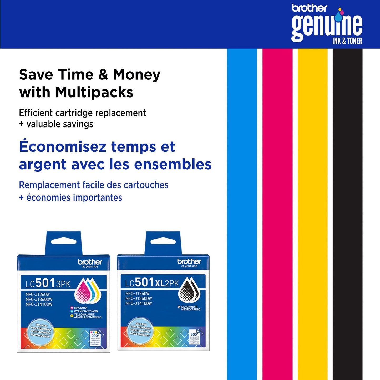Brother Genuine LC501XL High Yield Ink Cartridges 3-Pack (Cyan, Magenta, Yellow) | Replacement for MFC-J1260W, MFC-J1360DW, MFC-J1410DW | 500 Pages Each