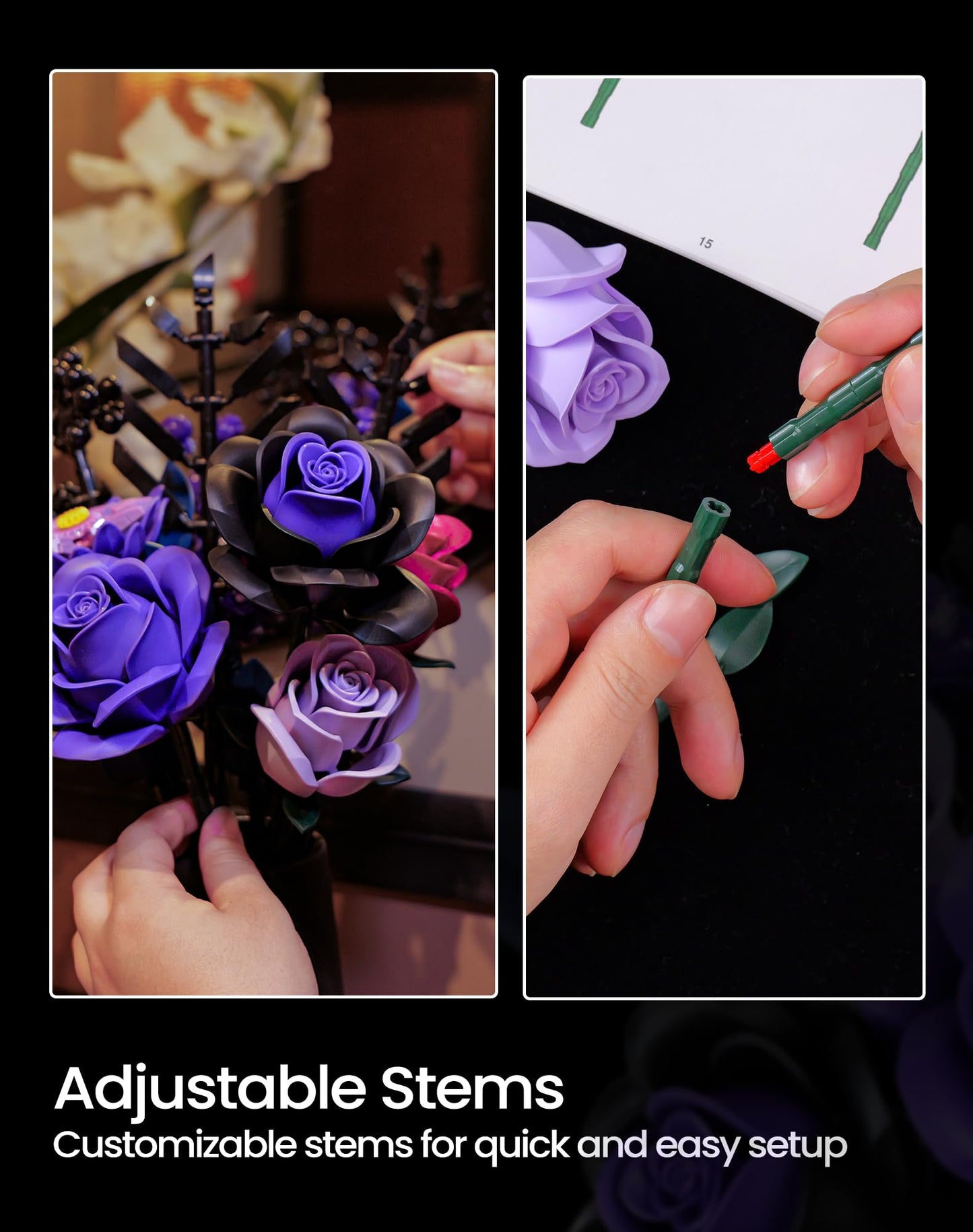 Purple Flower Bouquet Building Set,Rose Botanical Collection Blocks Kit,Compatible with Lego,Halloween Christmas for Adults Women,Artificial Flowers Gothic Decor