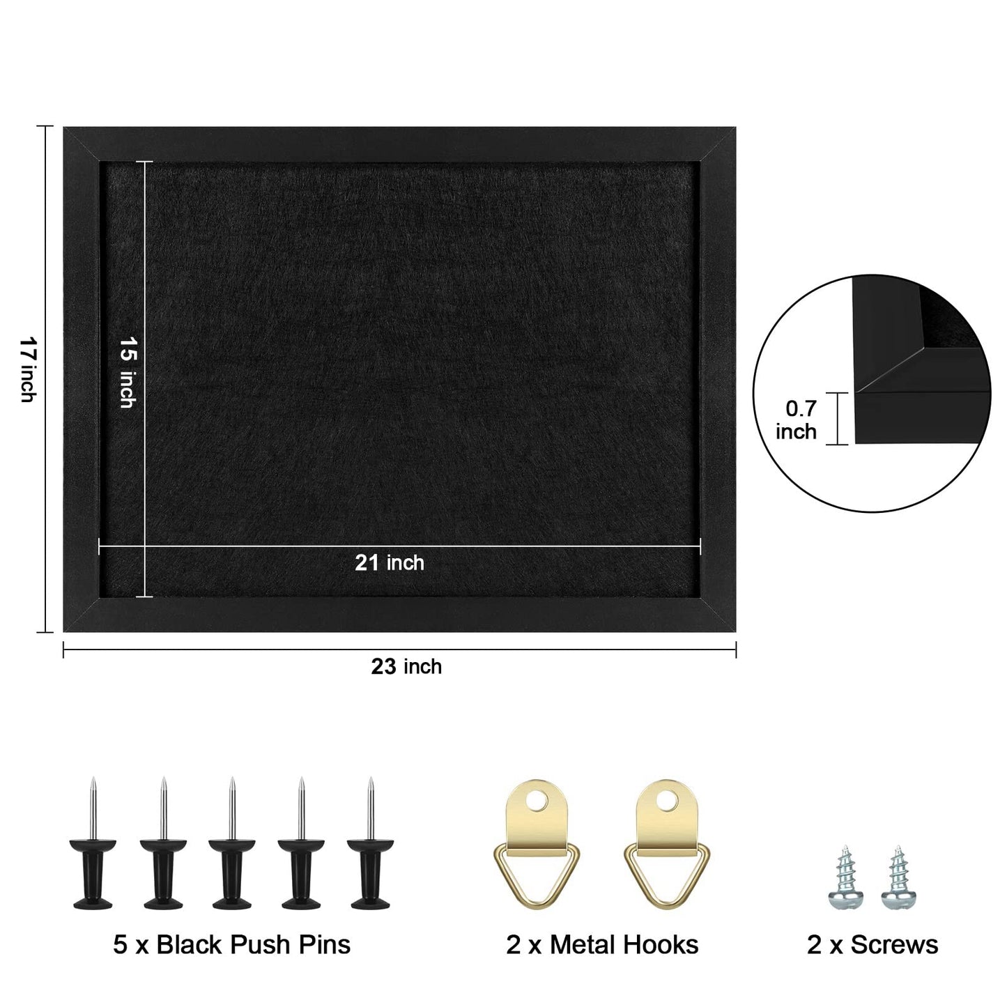 TORASO Cork Board Bulletin Board, Cork Boards for Walls with Pins, Eye Bolts, gaskets, Screws, Pin Board for Office, School and Home (All Black, 17“x23-1P)