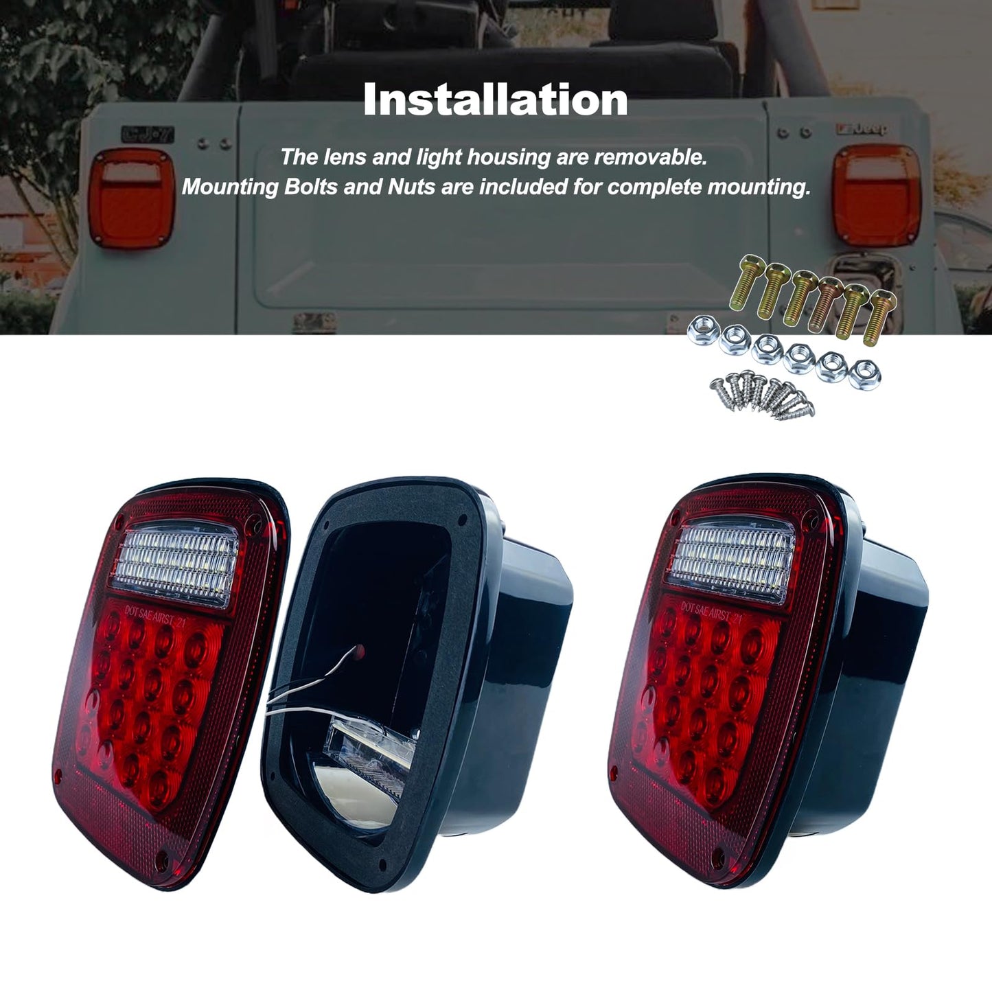 Replacement for 1979-2006 Wrangler TJ YJ CJ5 CJ7 Red Square Rear Combination Tail Lamps with Passenger and Driver Side Marker Stop Turn Signal Brake Lights DOT Certified, 2Pcs