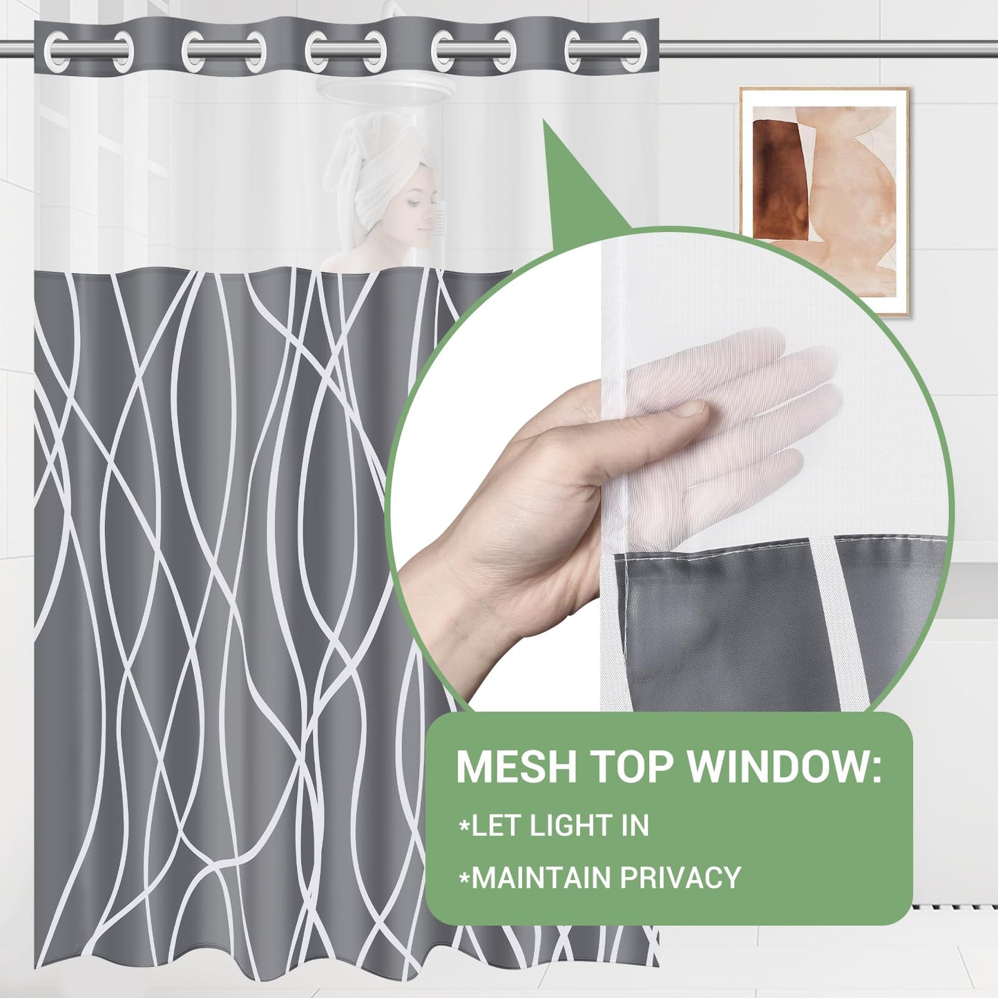 ECUCM Shower Curtain with Snap in Liner for Bathroom Bathtubs, Removable Shower Curtain Liner with 2 Magnets, Polyester Waterproof Soft Liner with See Through Mesh Top Window, (Grey, 71" W X 74" H)