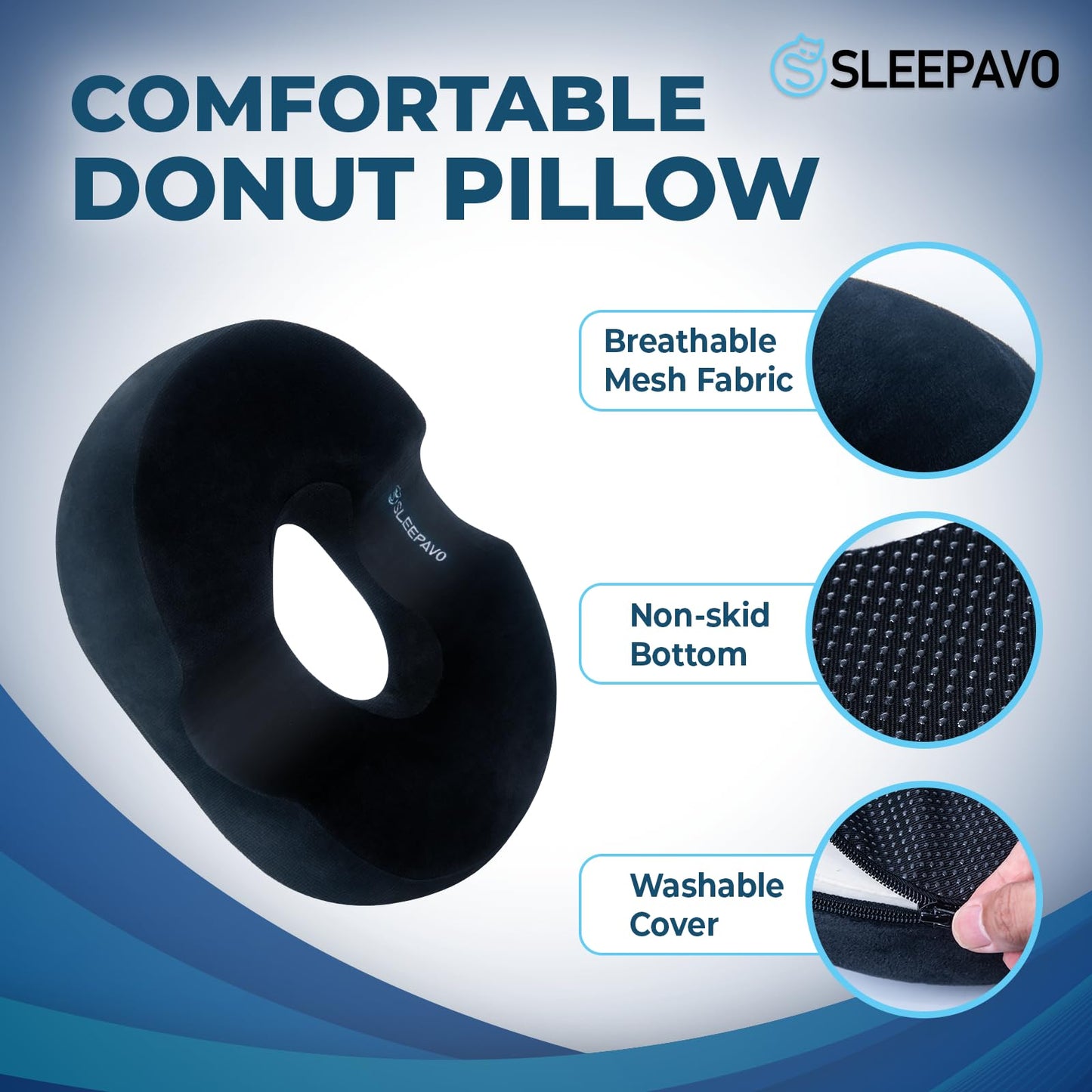 Sleepavo Butt Donut Pillow for Tailbone Pain Relief Cushion - Hemorrhoid Pillows - Sitting Butt Pillow for Office Chair, Travel, Car, Coccyx, Sciatica, Postpartum Pregnancy Sitting Donut Seat Cushion