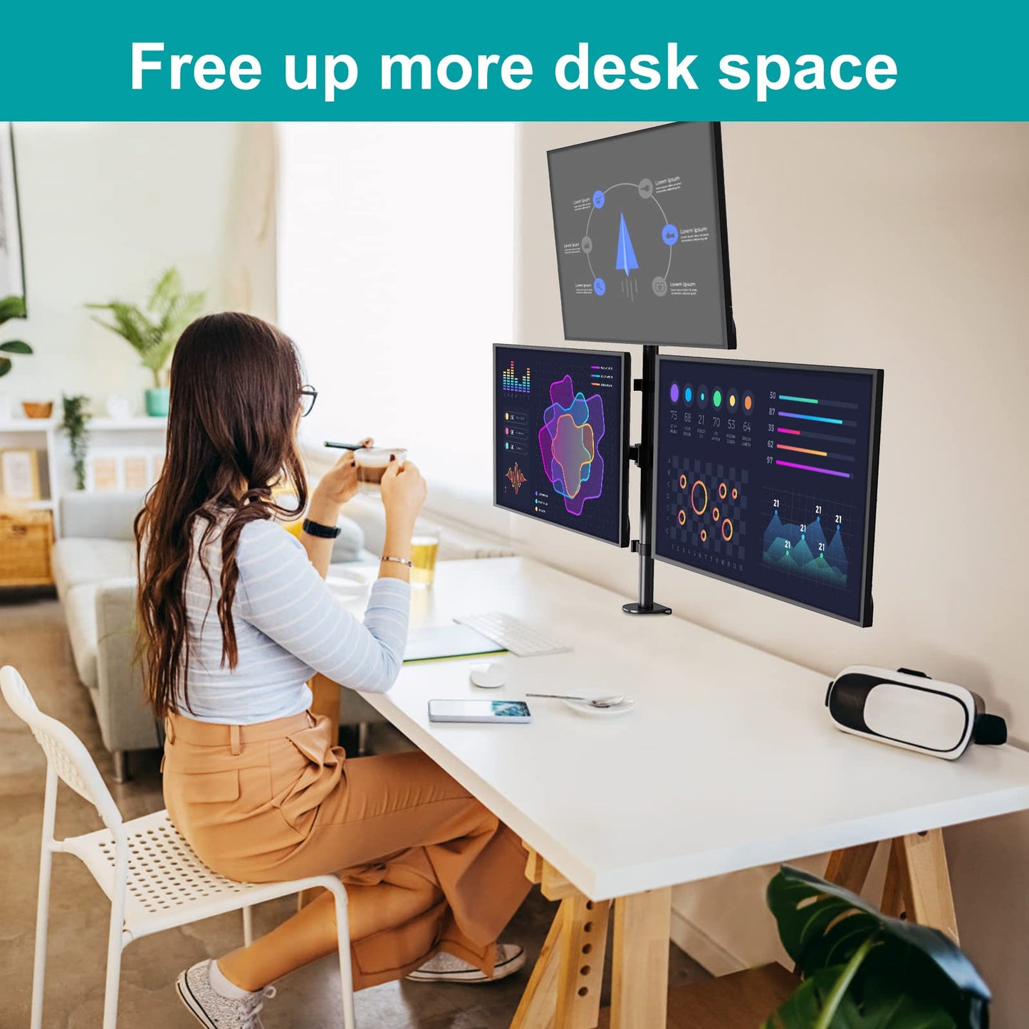 MOUNT PRO Triple Monitor Stand, Fits 3 Screens Up to 32 Inch, Fully Adjustable Stacked Monitor Desk Mount, VESA Compatible, C Clamp/Grommet Base