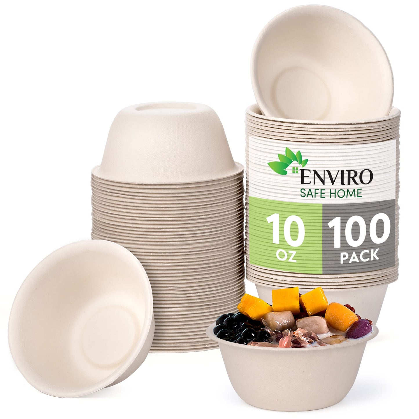 Enviro Safe Home 10 Oz Bamboo Disposable Bowls For Hot Soup, 100 Pack - Small, Heavy Duty, Microwavable, Oven Safe - Perfect for Hot Food, Meals, Acai & More - Eco-Friendly, Leak-Proof