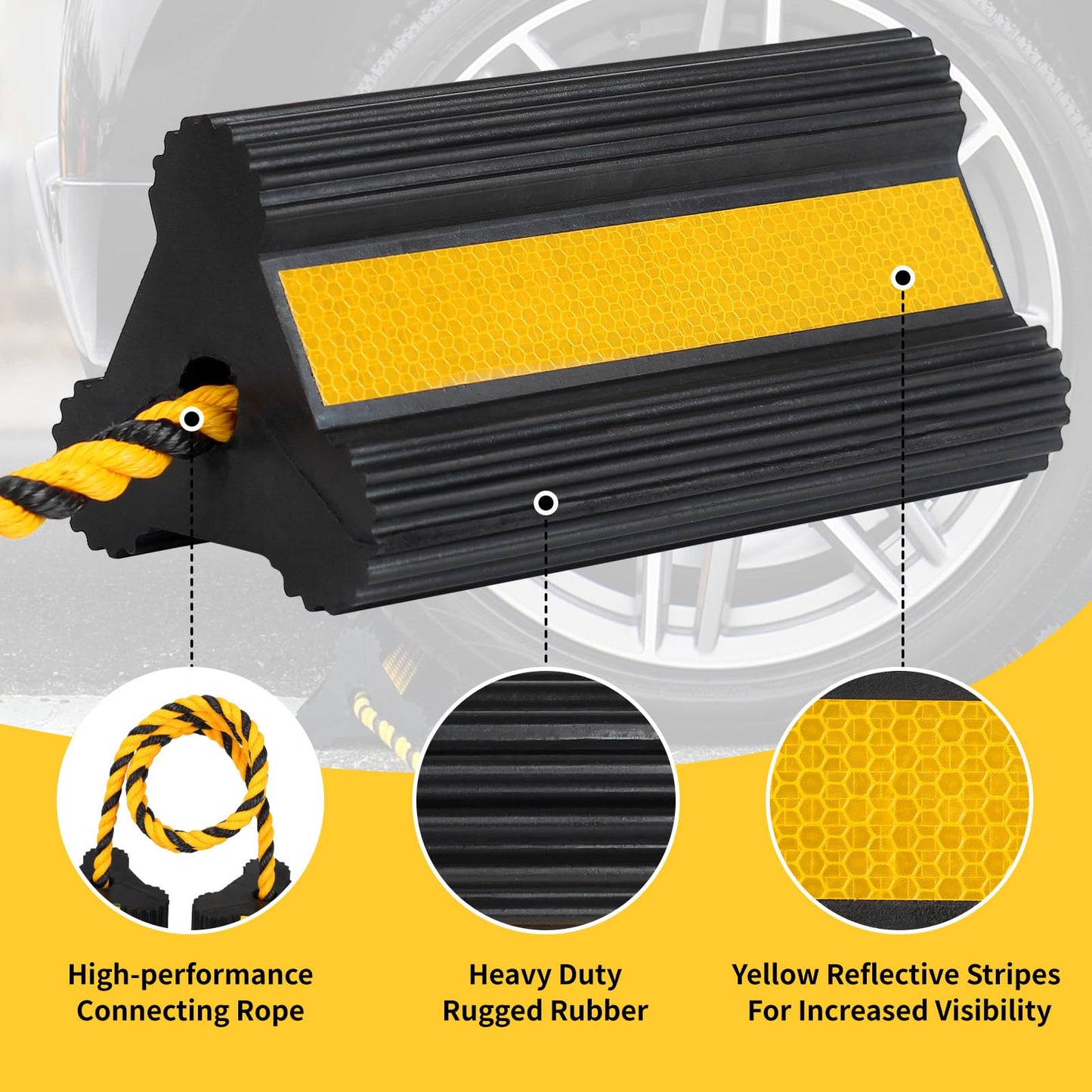 OULEME Heavy Duty Rubber Wheel Chocks, RV Tire Chock Blocks with Nylon Rope ＆ Yellow Reflective Tape, Non-Slip Wheel Stoppers for Camper, Travel Trailers, Aircraft, Car, Truck (1 Pair)