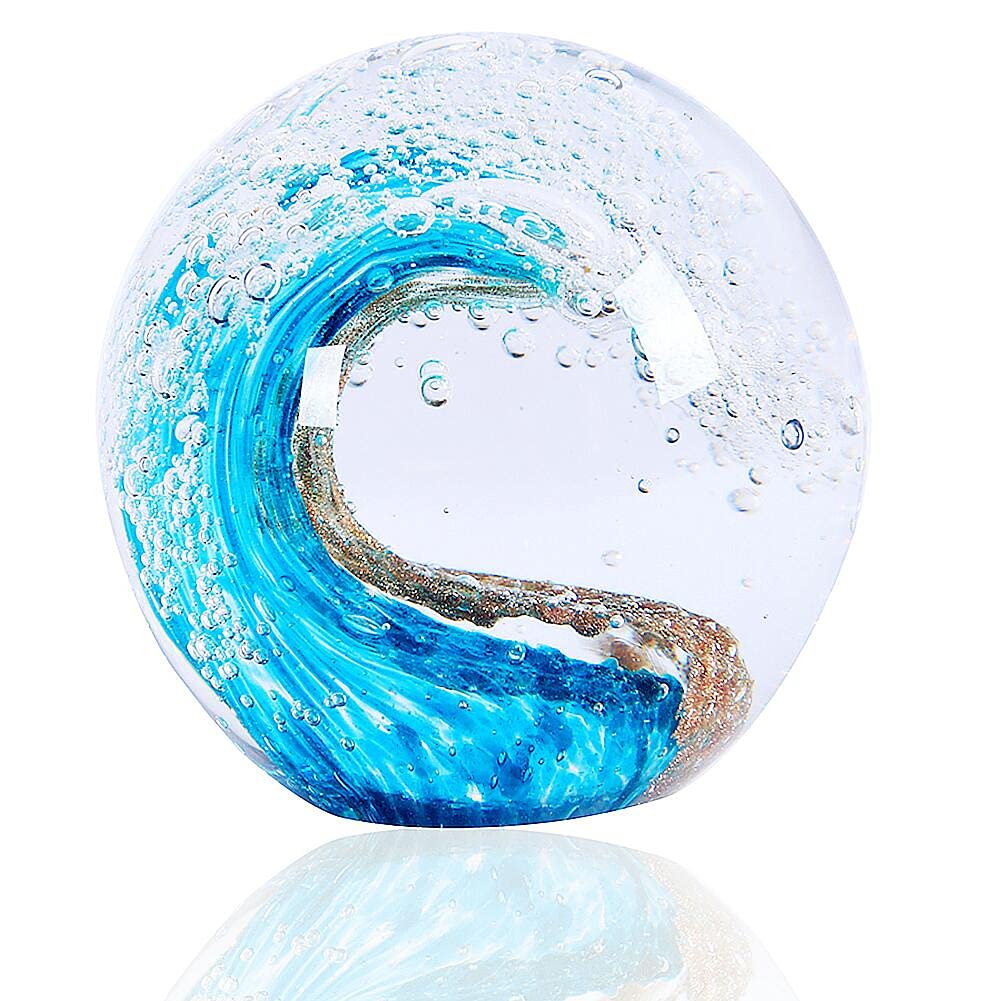 Hand Blown Glass Figurines Ball Ocean Waves,Office Paperweight Glass for Desk,Home Decor Collectible,Aquarium Decor,Office Decor Ocean Lovers