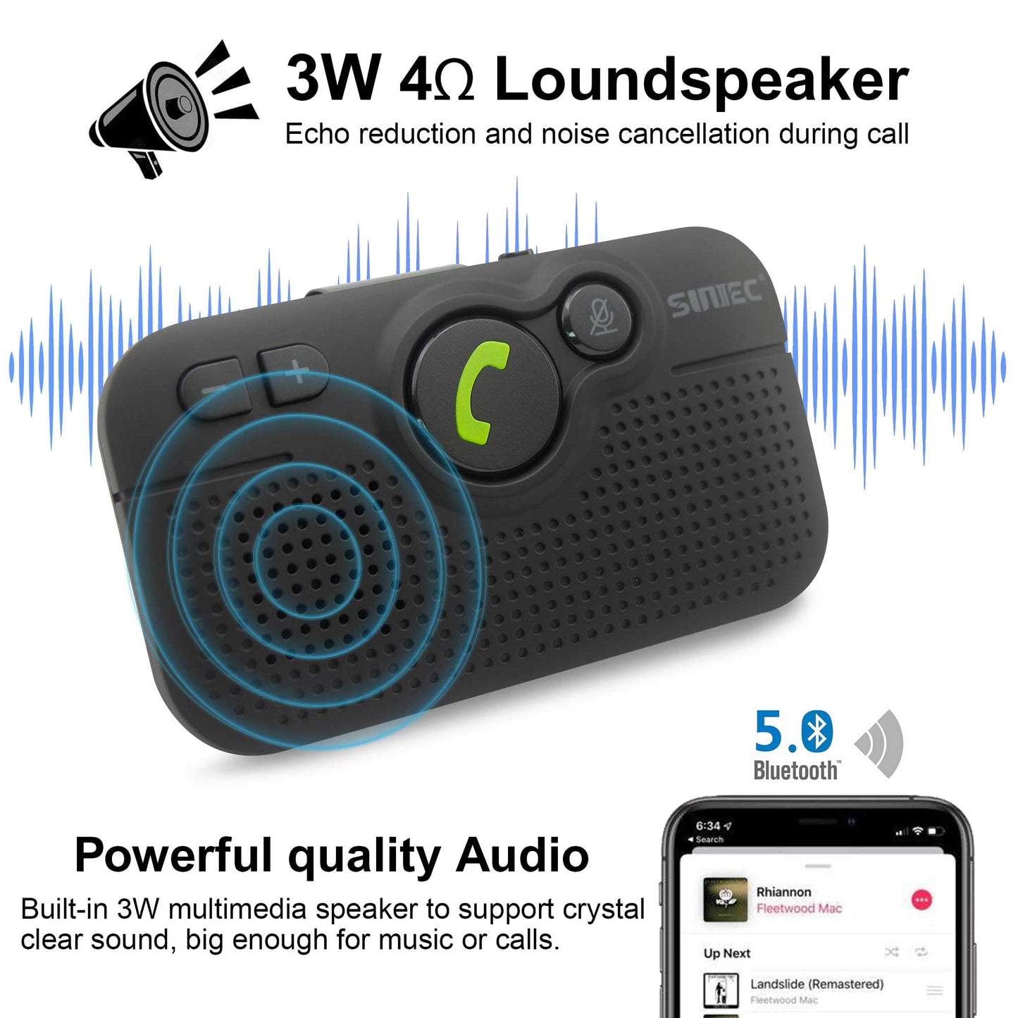 SUNITEC Handsfree Bluetooth for Cell Phone, Bluetooth Car Speaker AUTO ON Off 3W Speakerphone Support Siri Voice Assistant Wireless in-Car Hands Free Speaker with Visor Clip - BC980P
