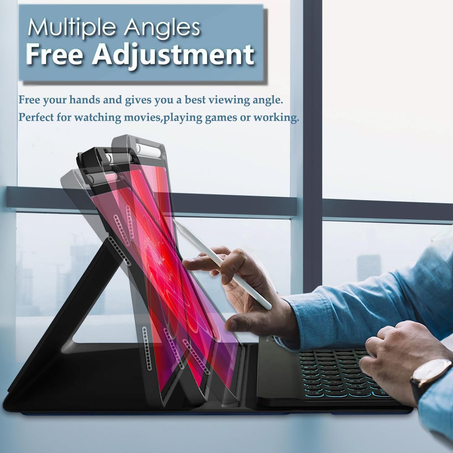 Backlit Keyboard Case for Lenovo Tab Plus 11.5 Inch 2024 with Screen Protector, 7 Colors Light Detachable Wireless Keyboard & PU Folio Cover Case for 11.5” Lenovo Tab Plus 2024