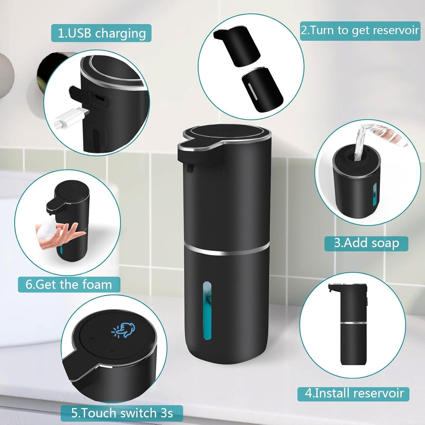 2Pack Automatic Soap Dispenser Touchless, Foaming Soap Dispenser 6 Adjustable Level Hands Free USB Rechargeable Dispenser Electric Wall Mounted Dish Dispenser Kitchen Bathroom
