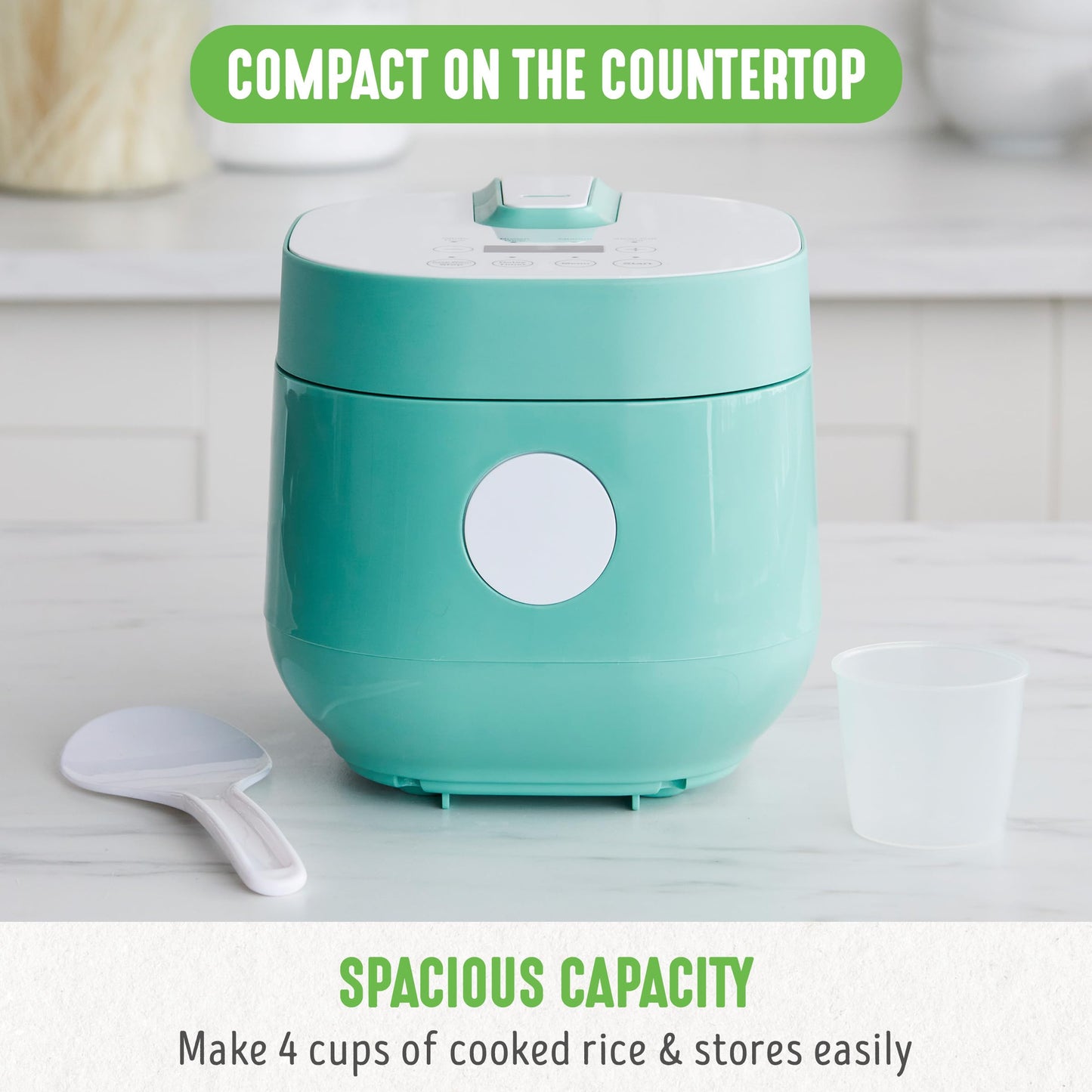 GreenLife 4-Cup Digital Rice Cooker, PFAS & PFOA-Free Removable Ceramic Dishwasher Safe Pot, Healthy Cooking Oats Grains & More, Auto Presets, Touch-screen, Delay & Keep Warm, Paddle Included, Turquoise