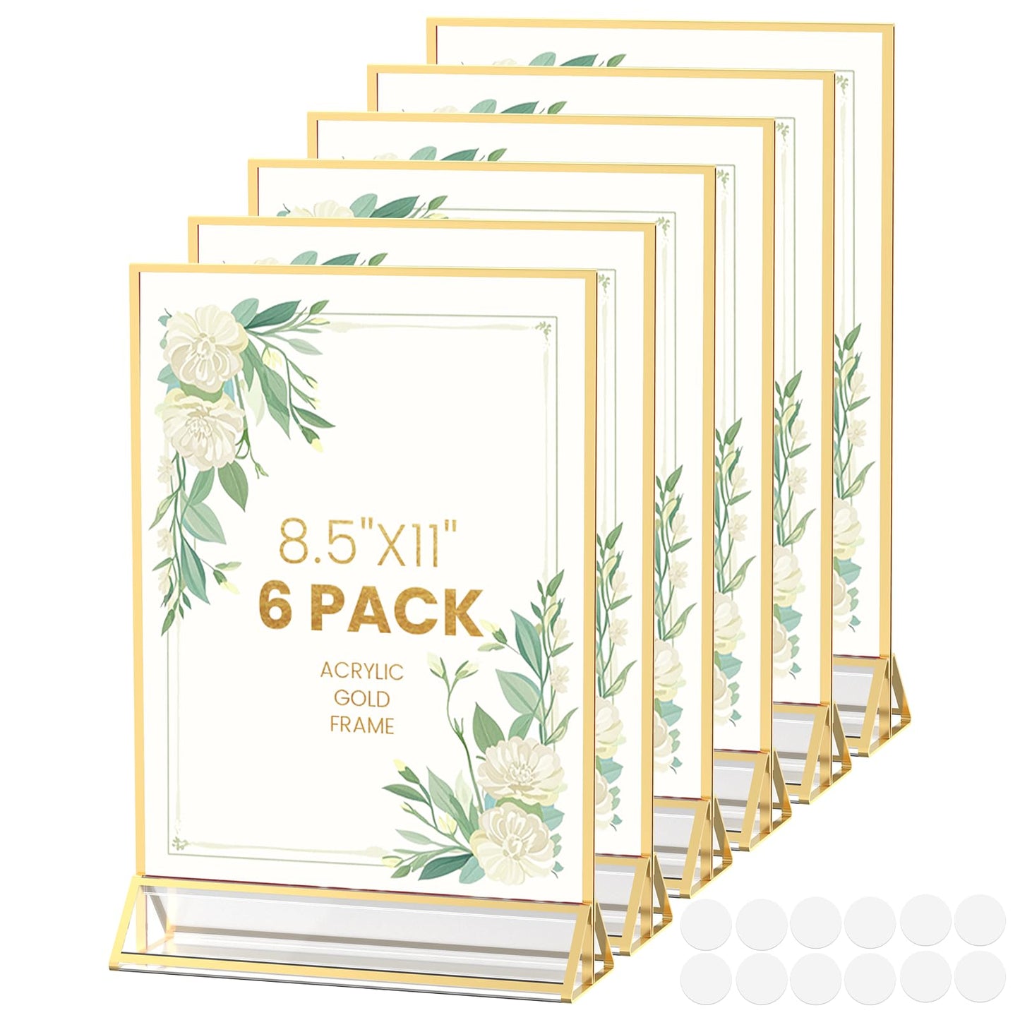 YOAEAILY Acrylic Sign Holder 8.5X11 Gold Frames Double-Sided Gold Picture Frames for Flyer Holder Menu Holder Wedding Table Number Holder Christmas Photo Frame with Removable Sticky Dots -6 Pack