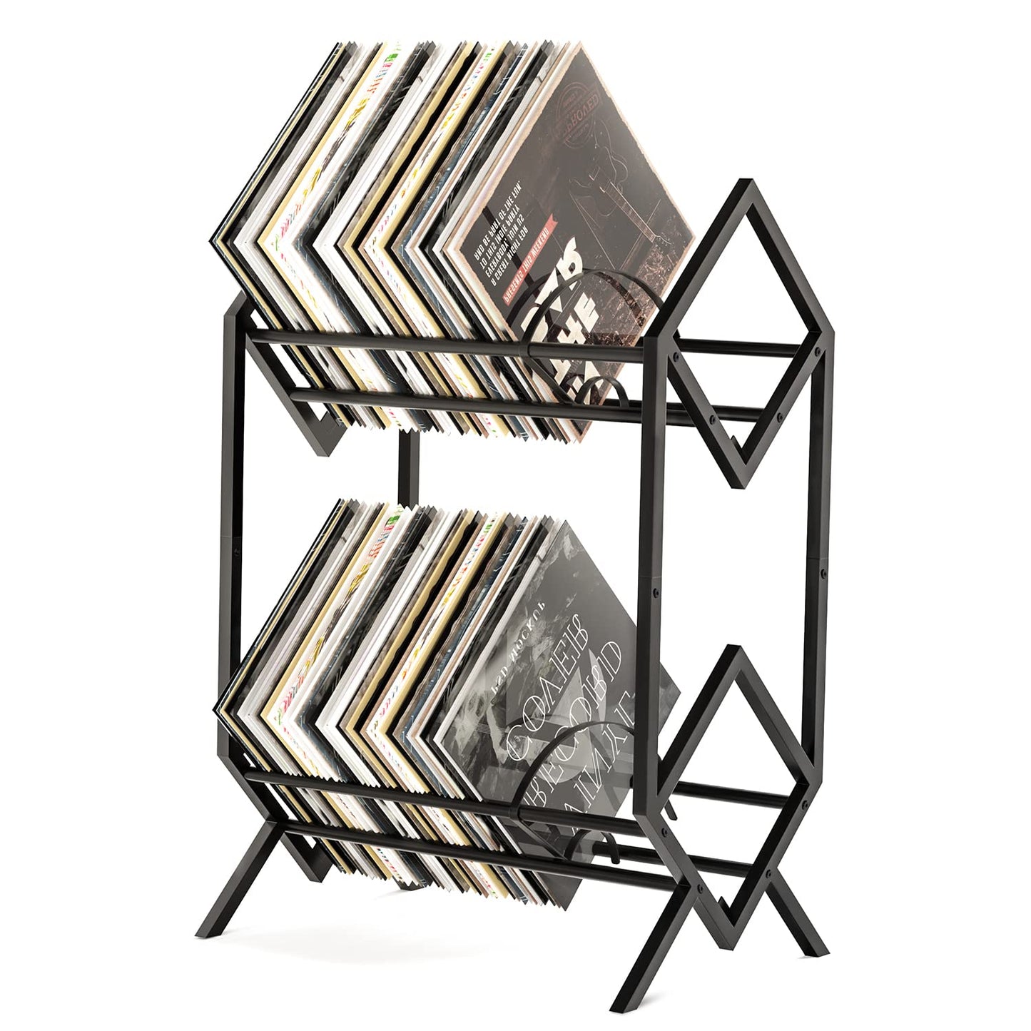 RUILALIFE 2-Tier-Vinyl-Record-Storage-Holder With Dividers, 200 LPs Albums Storage Rack Shelf, Steel Music Records Display Shelf Organizer For Book, Magazine, Files,Matte Black