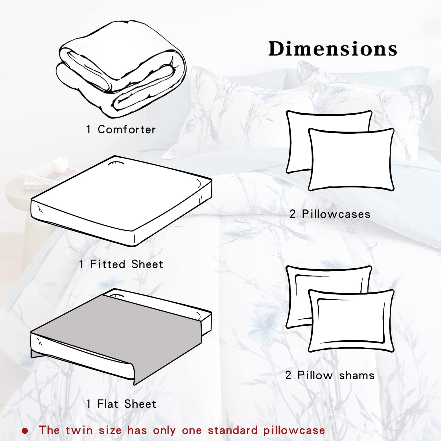 7 Pieces Bed in a Bag Queen Comforter Set with Sheets, Blue Flower Branch on White Botanical Bedding Sets for All Season (1 Comforter, 2 Pillow Shams, 1 Flat Sheet, 1 Fitted Sheet, 2 Pillowcases)