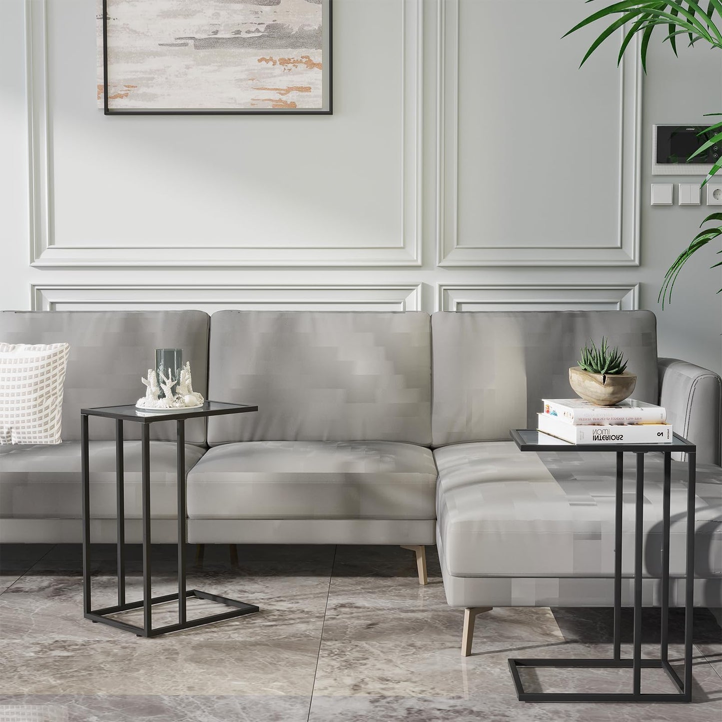 Easy Paws C Shaped End Table Set of 2, Tempered Glass Snack Side Table with Metal Frame, Sofa Couch Side Table, Modern Style, Black