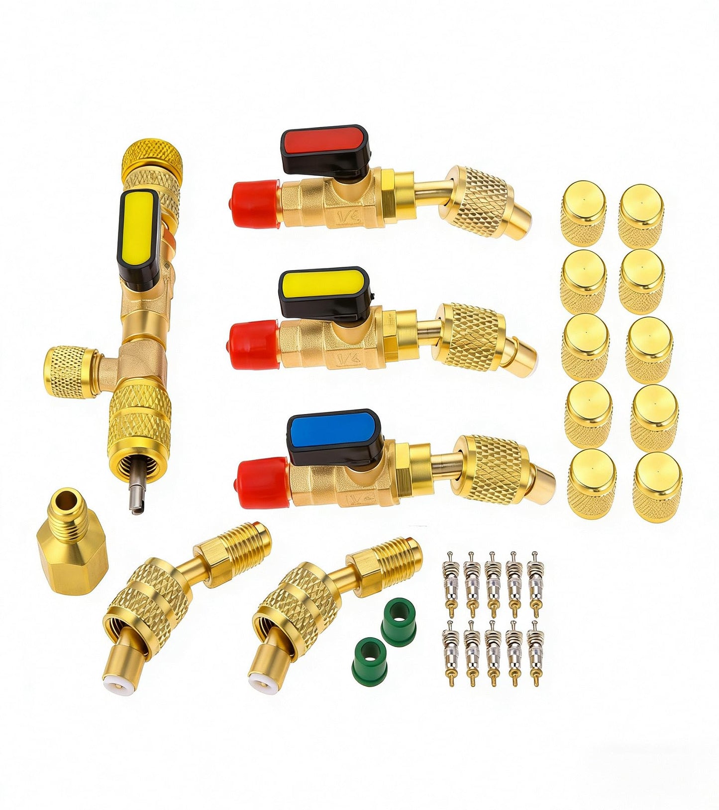 R410A R22 Valve Core Remover Installer Tool kit with Dual Size 1/4" & 5/16" Port, R410A R134A HVAC Angled Shut-Off Ball Valve Adapter 1/4" SAE for A/C R12 R22 R502 Charging Hose AC Refrigerant Tool